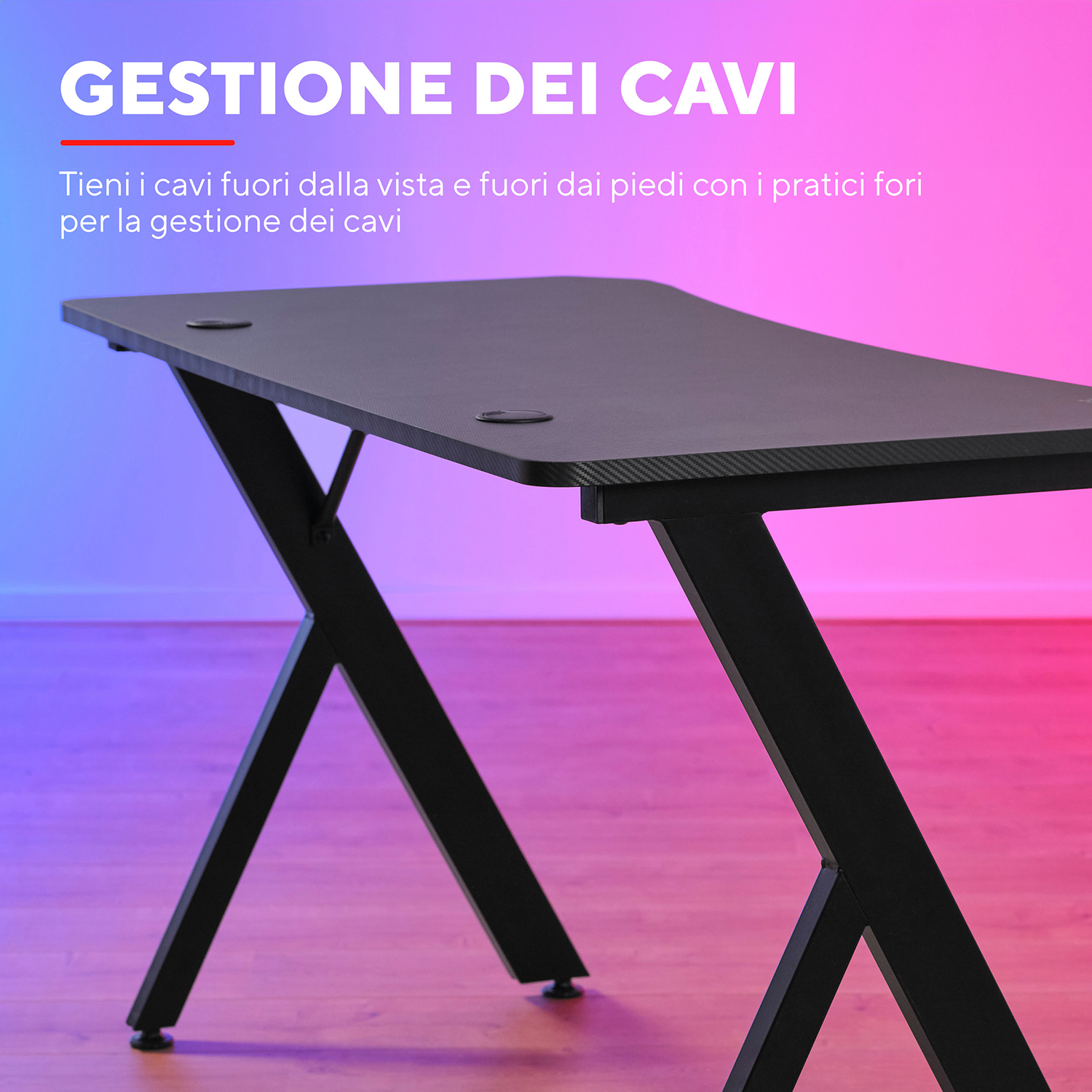 Una scrivania nera con superficie nera e gambe nere. Il testo dice: gestione dei cavi.