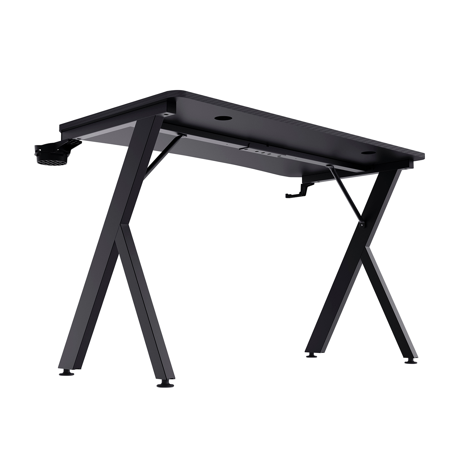 Una scrivania da gioco nera. Le gambe sono nere e a forma di X. La scrivania è nera.