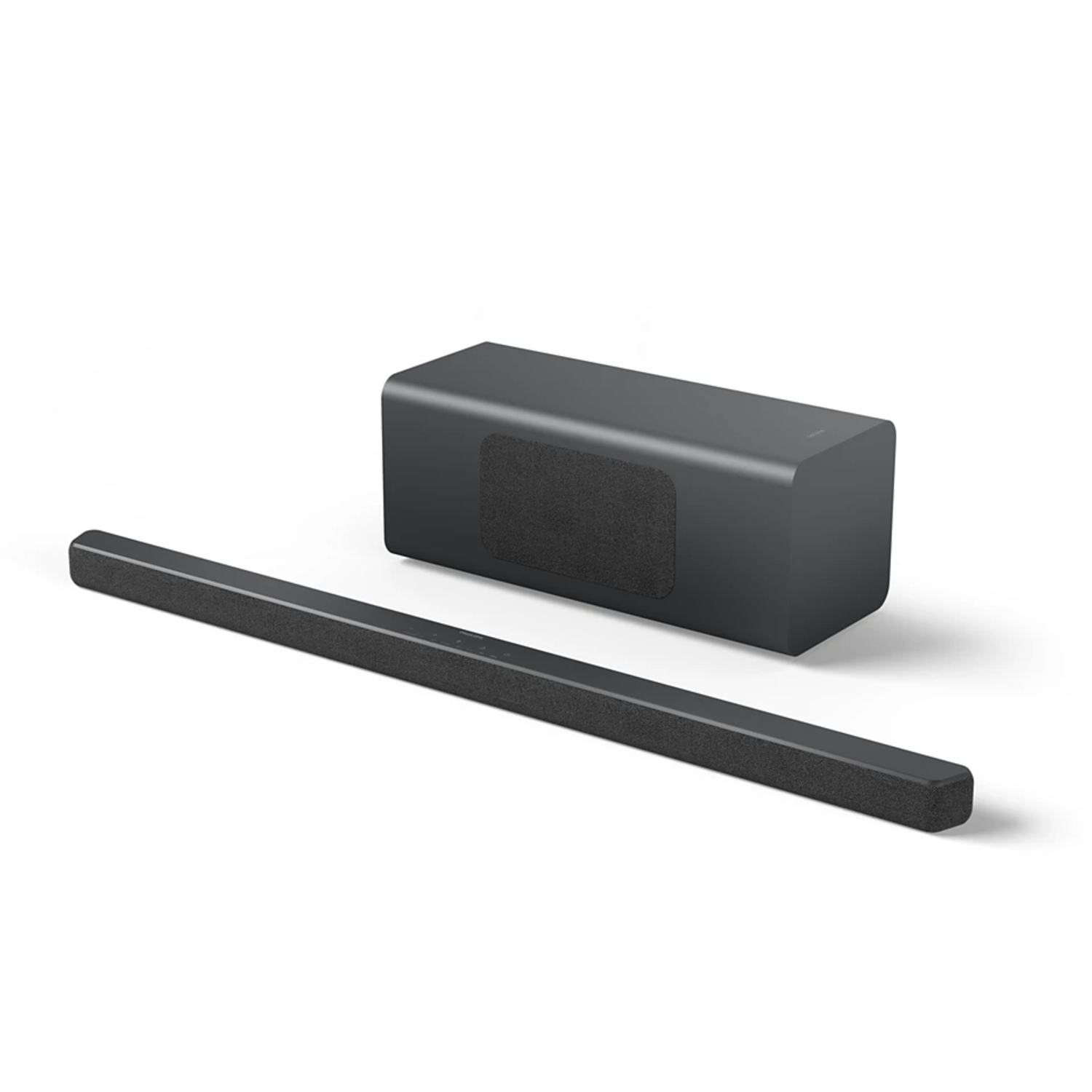 Barre de son et caisson de basses noirs sur fond blanc. Les deux sont rectangulaires.