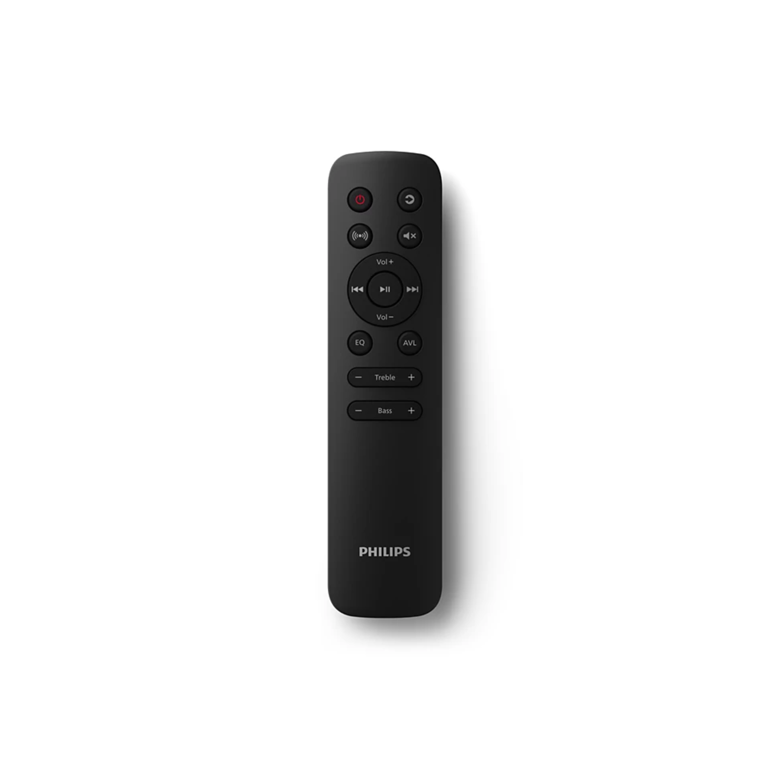 Une télécommande Philips noire sur une surface blanche.