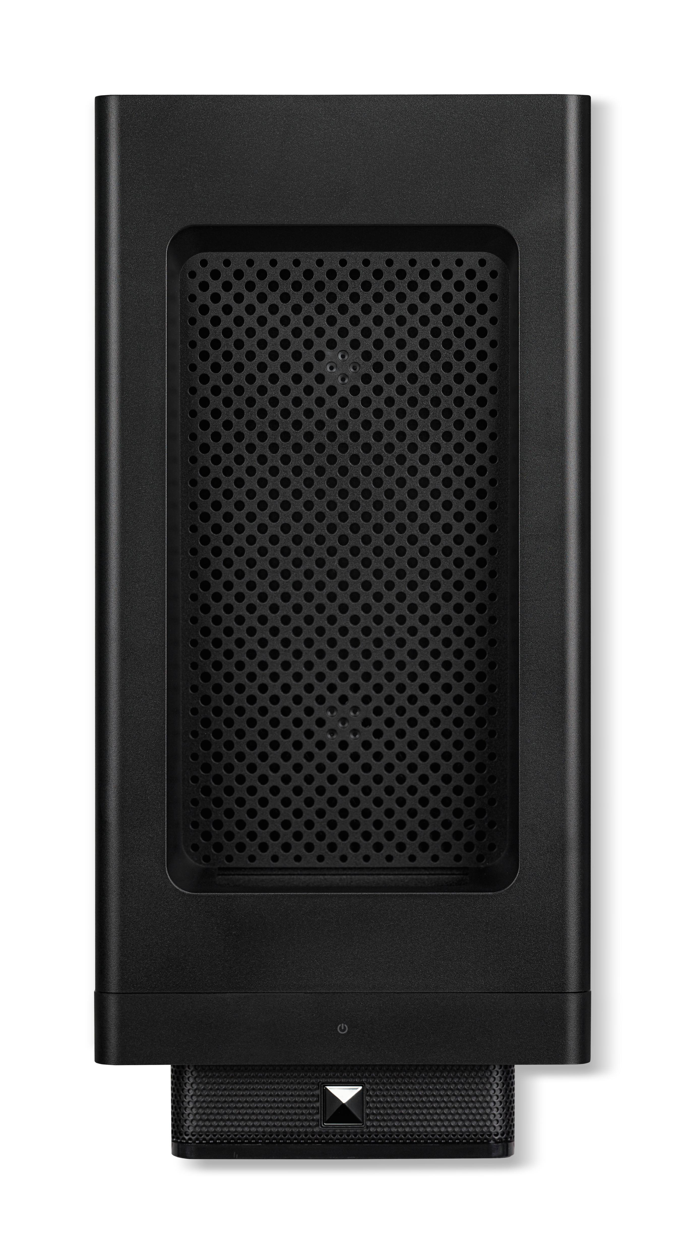 Schwarzes Gerät mit perforierter Frontplatte und Sockel. Solides Design.