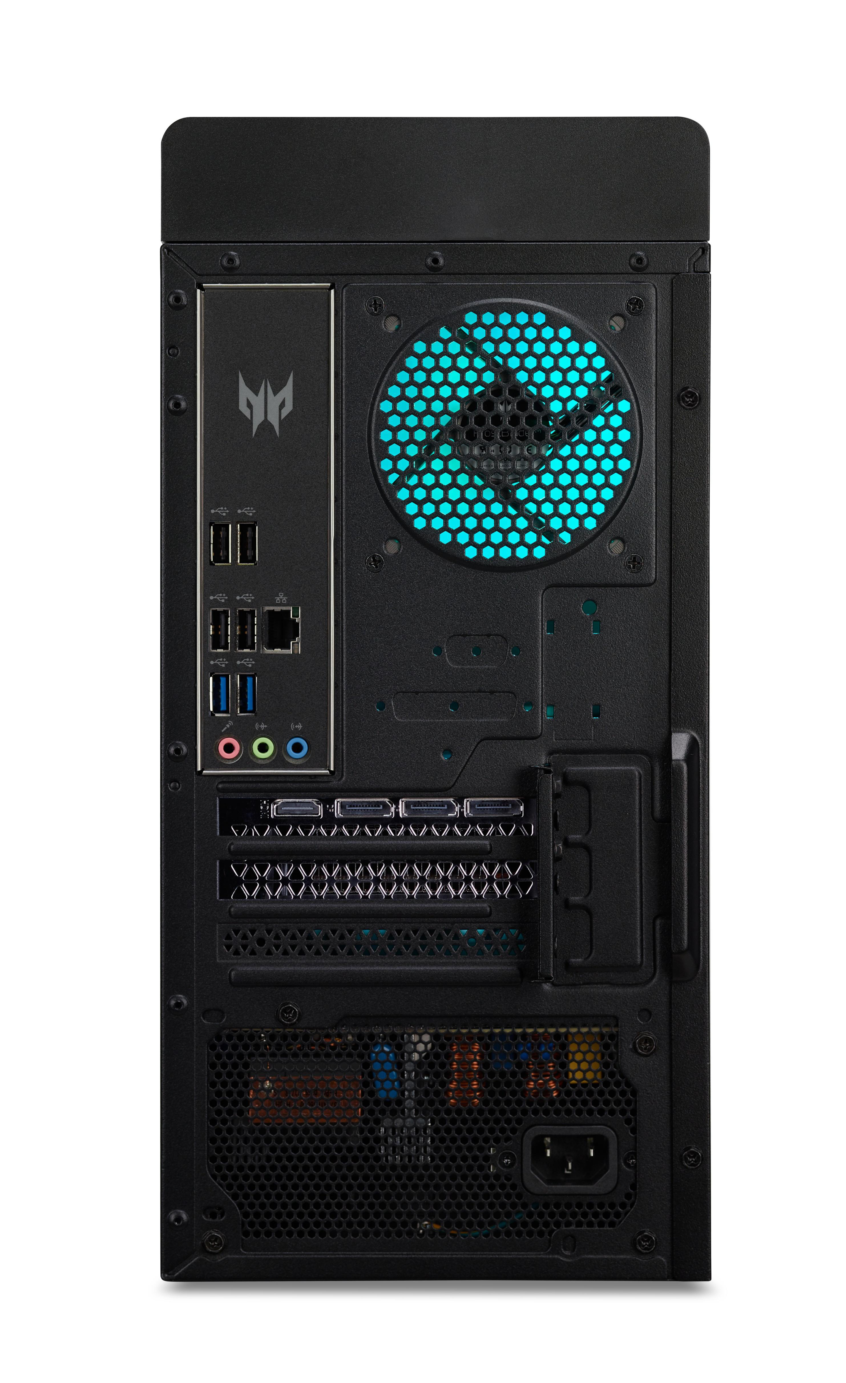 Rückseite eines schwarzen Predator Gaming-Desktop-Computers mit sichtbaren Anschlüssen.
