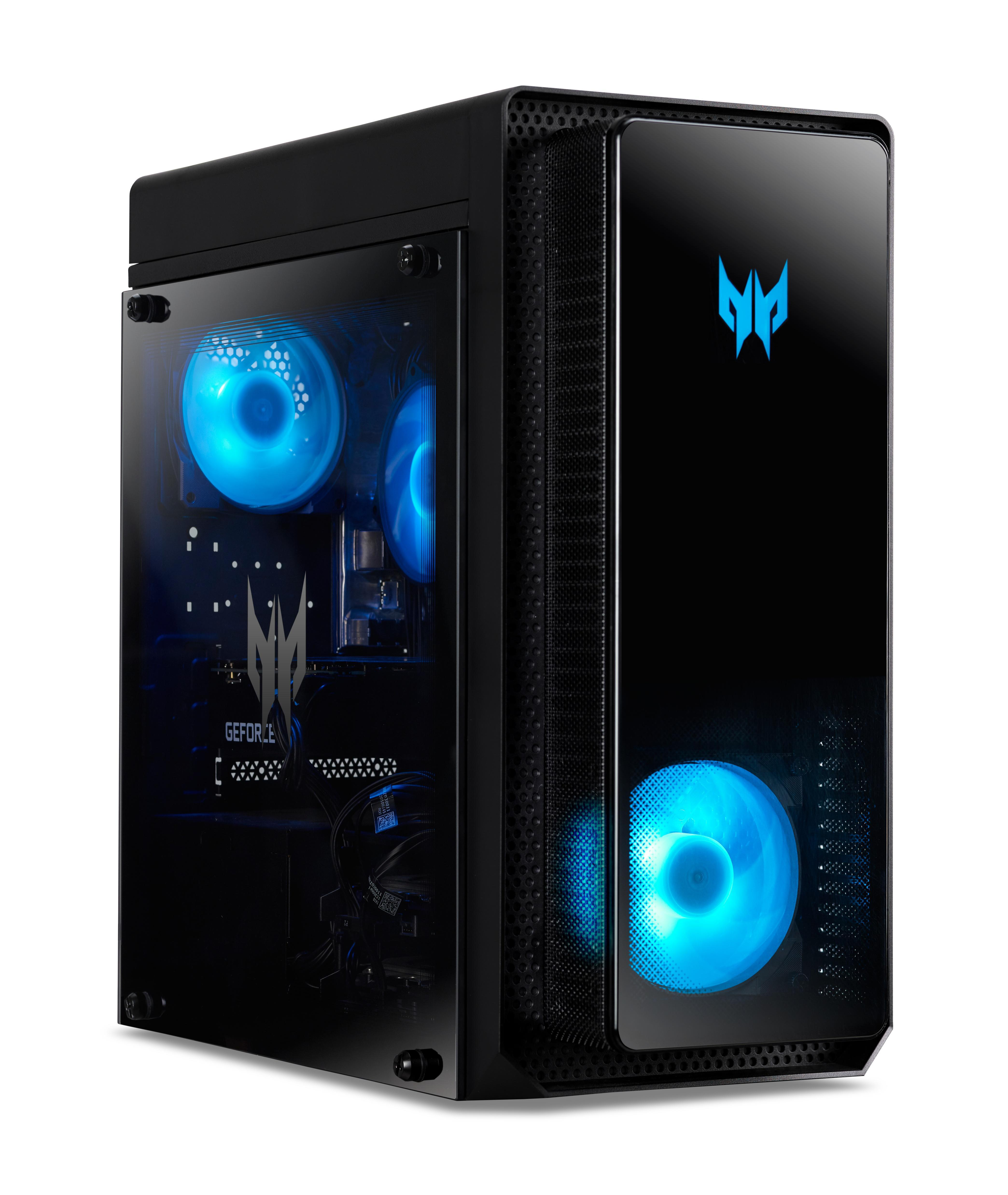 Schwarzer Gaming-PC mit blauen LEDs, Glas-Seitenwand und Predator-Logo.
