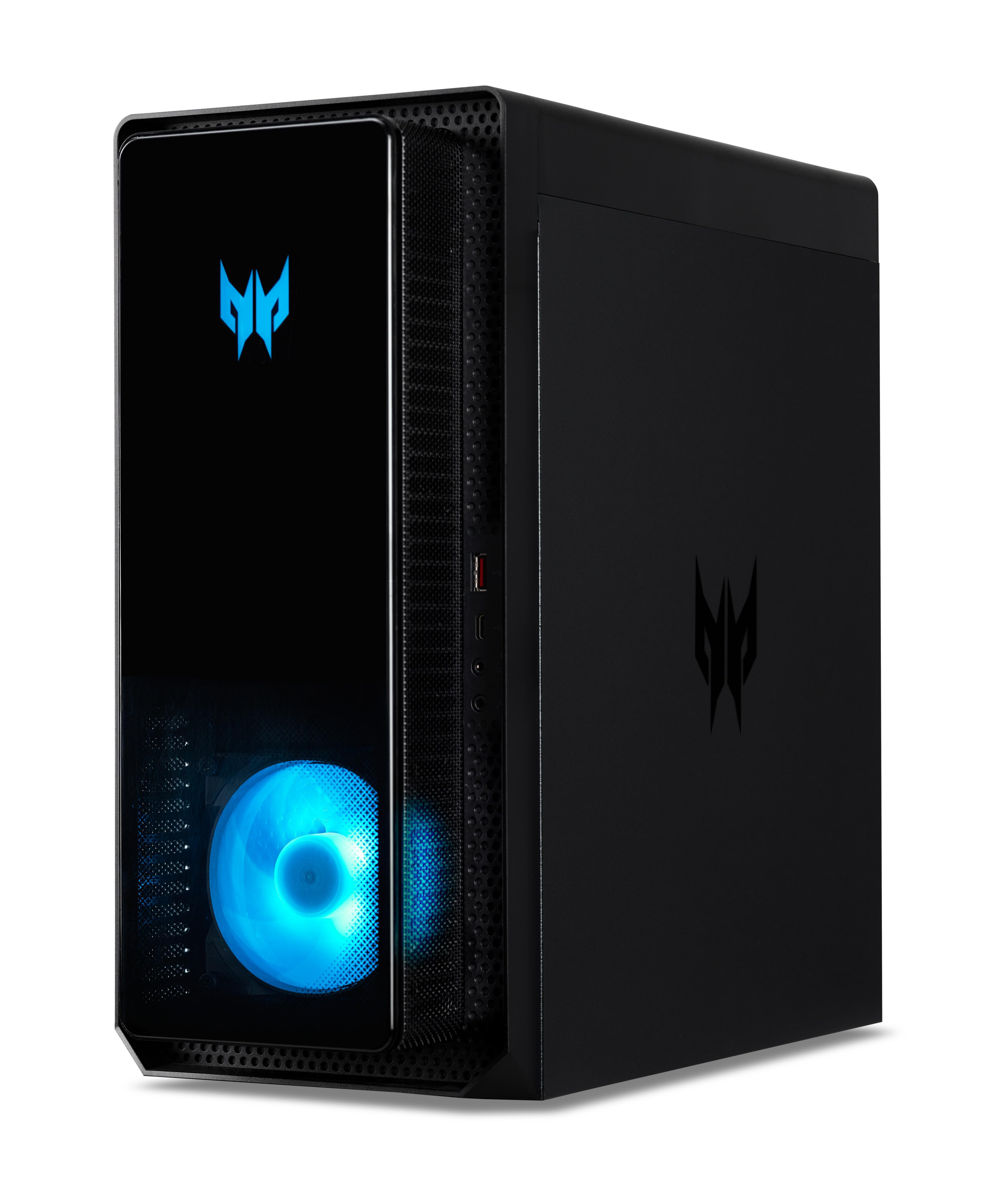 Ein schwarzer Desktop-Computer mit blauem Licht im Inneren. Das Predator-Logo befindet sich vorne.