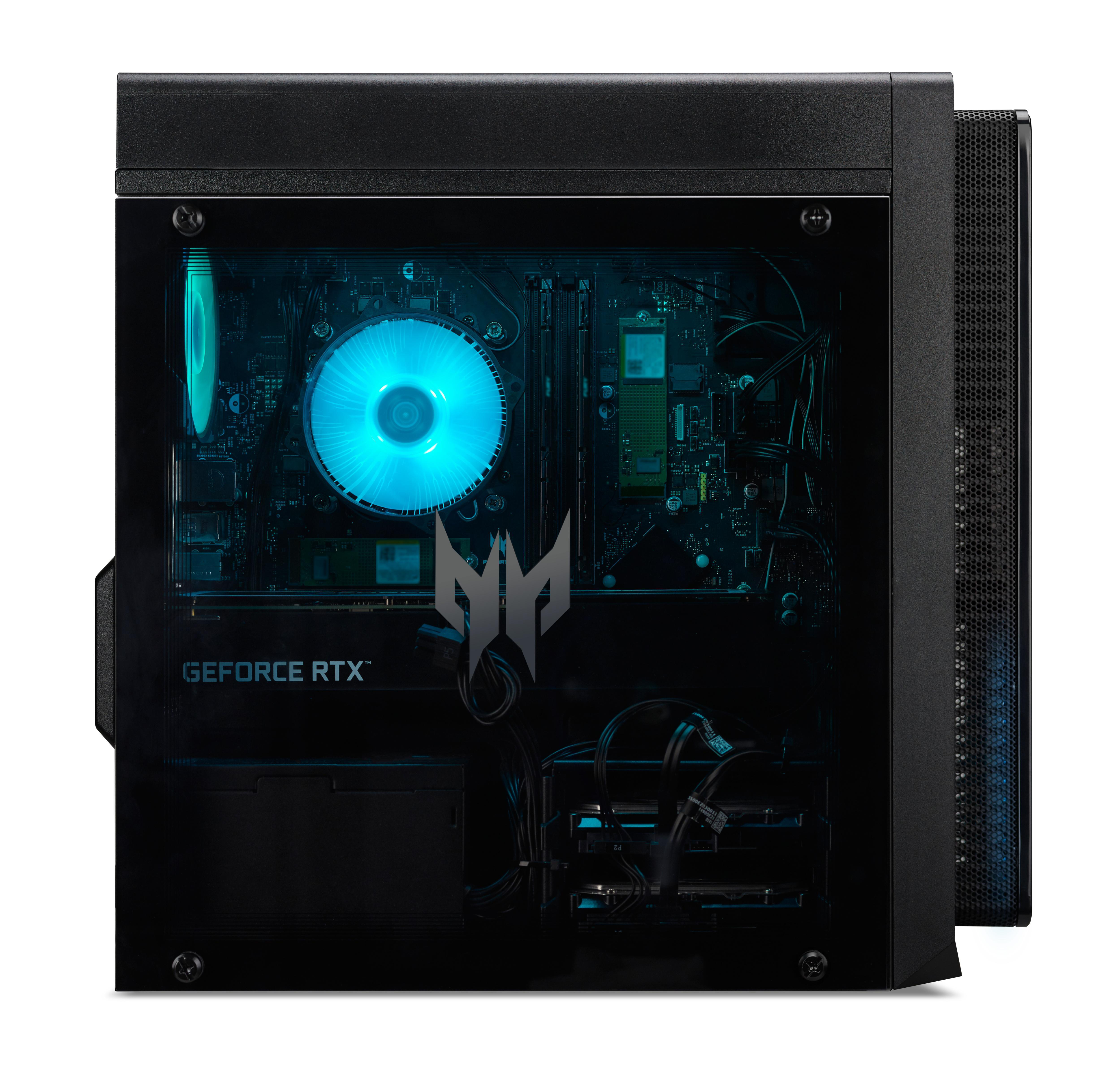 Ein schwarzes Computergehäuse mit transparenter Seite. Im Inneren befinden sich ein blau beleuchteter Lüfter und andere Hardwarekomponenten.
