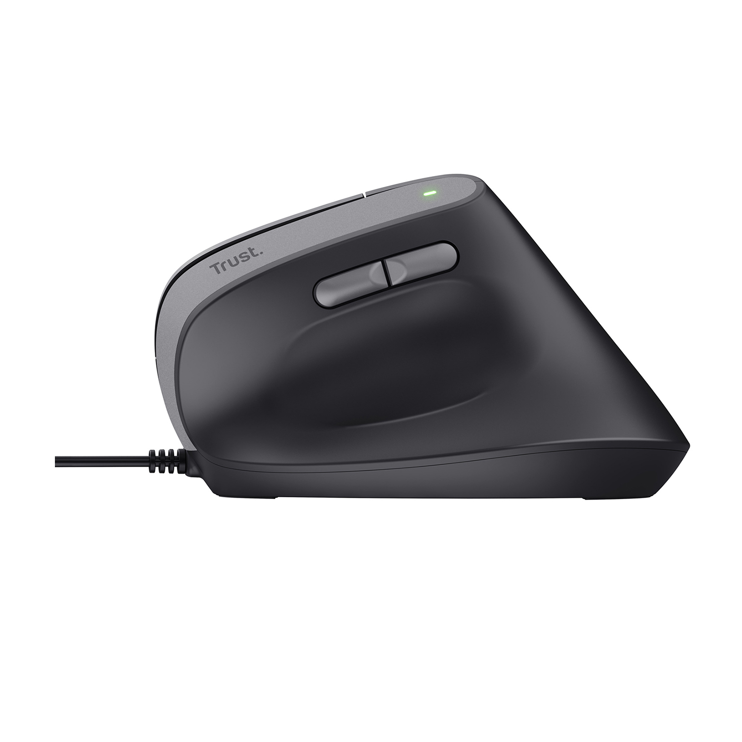 Mouse ergonomico nero e grigio con due pulsanti e una rotella di scorrimento. Un cavo è collegato.