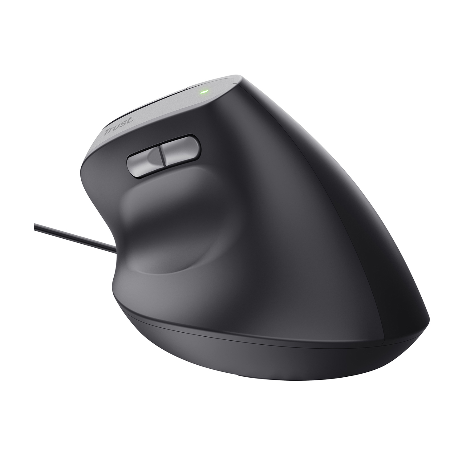 Mouse ergonomico nero. Ha due pulsanti e una rotella. Il mouse è su sfondo bianco.