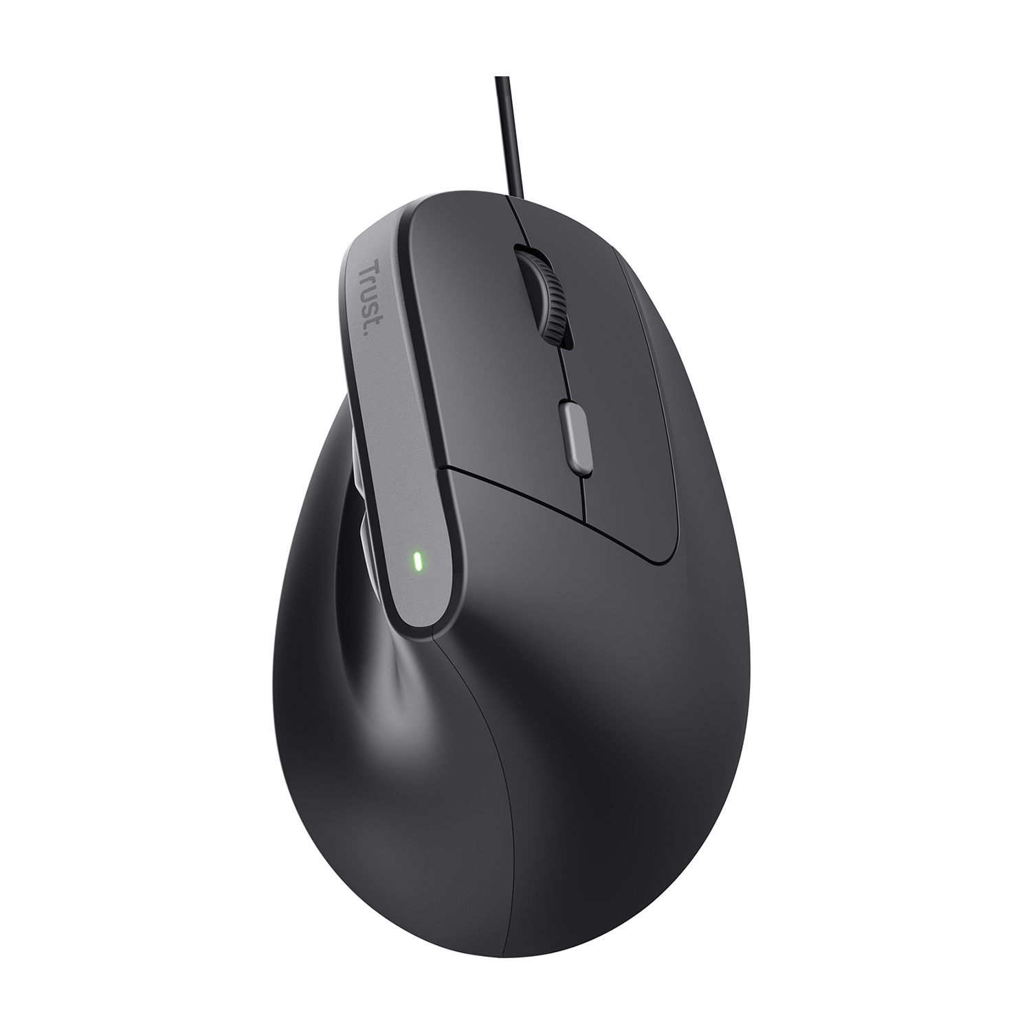 Un mouse ergonomico nero con pannello laterale grigio e rotella. Il marchio è Trust.