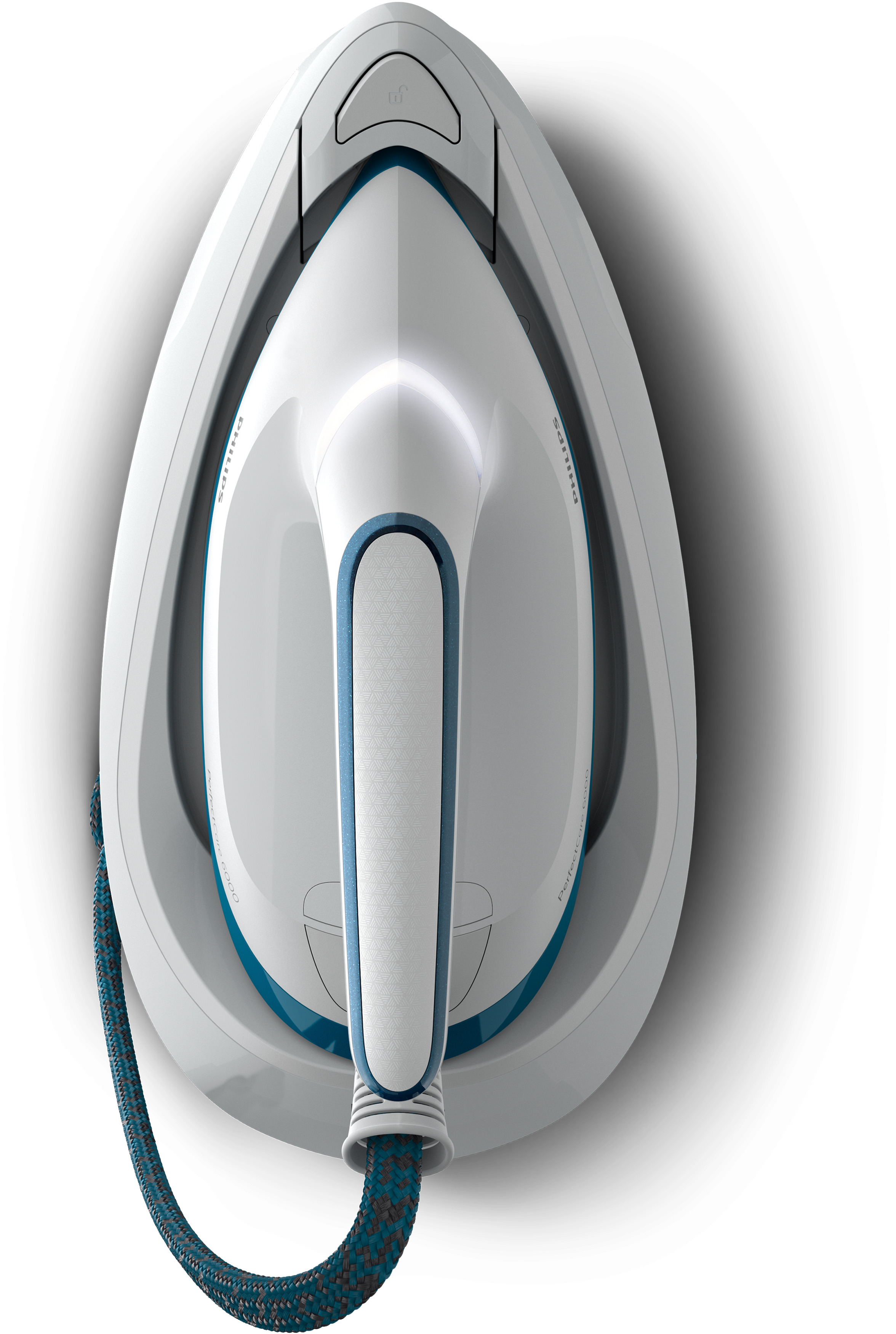 Plancha blanca y azul, vista superior, con mango blanco y cable azul.