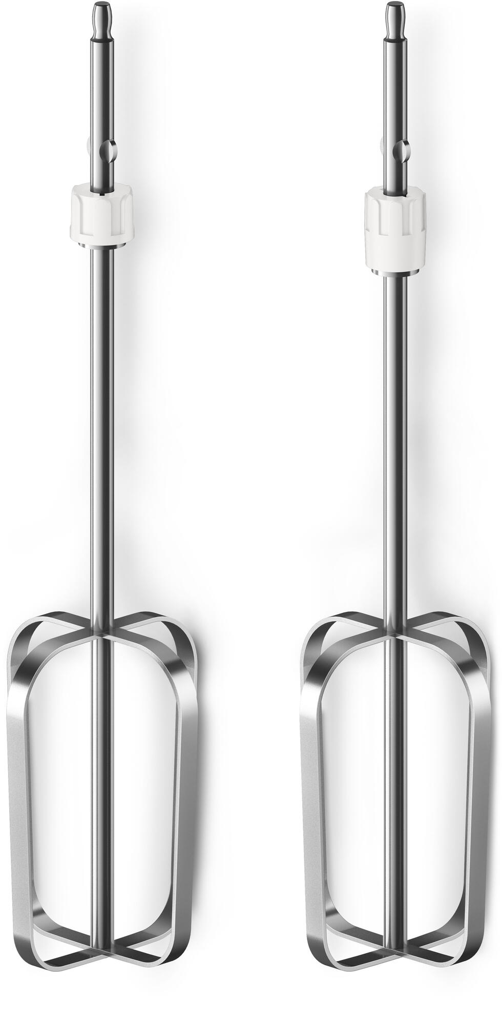 Dos accesorios metálicos para batidora sobre fondo blanco.