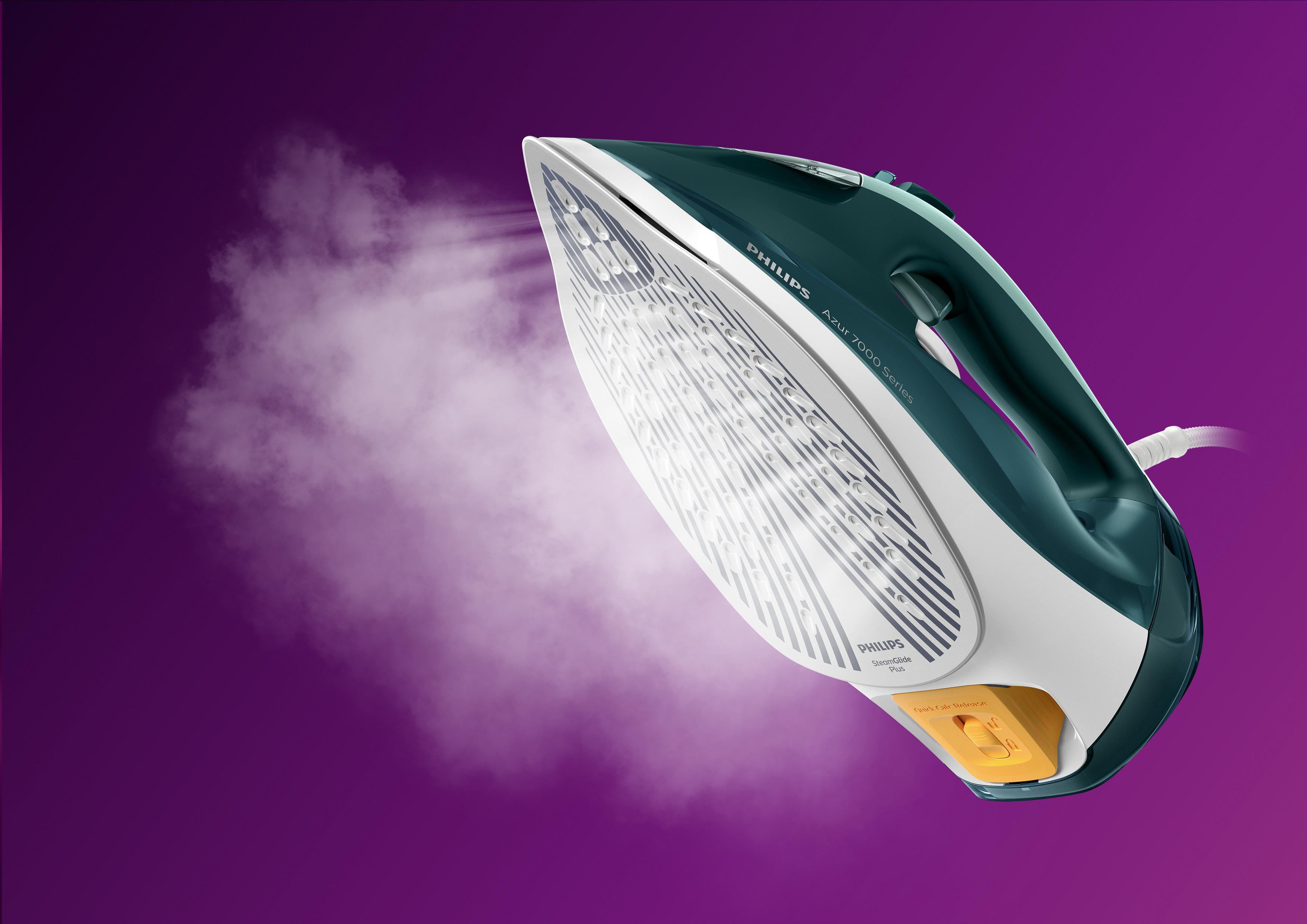 Se muestra una plancha Philips, con vapor saliendo. El fondo es morado.