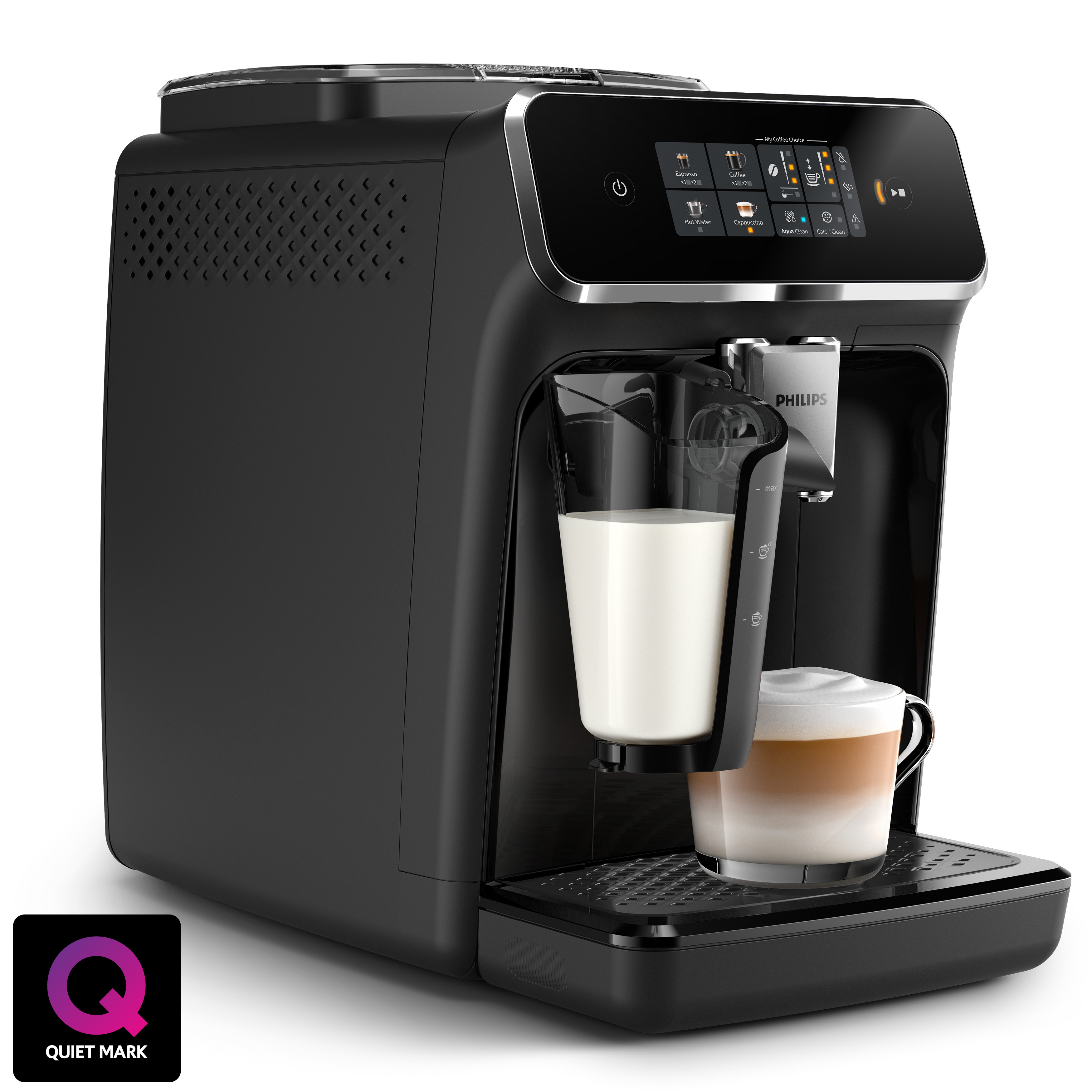 Una cafetera negra con un recipiente de leche y una taza.