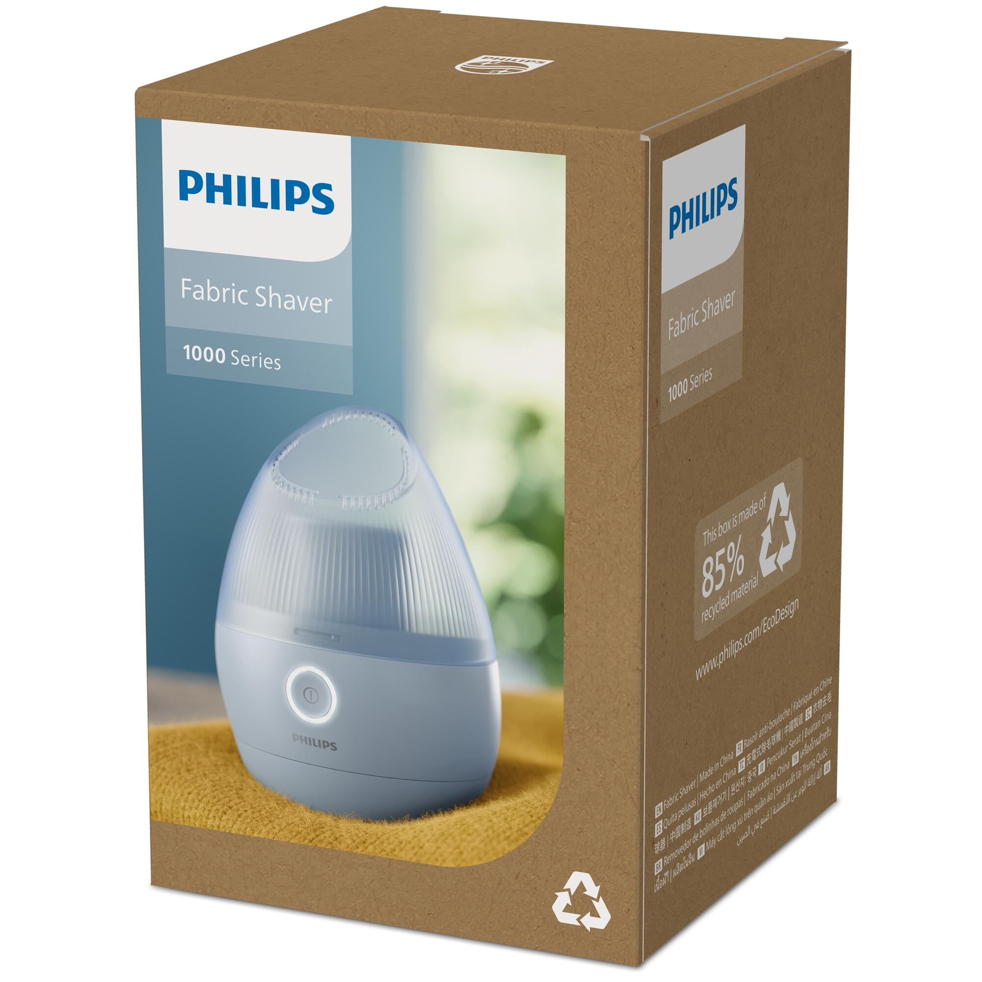Afeitadora de tela Philips en su caja. La caja es marrón y tiene un dispositivo azul claro.
