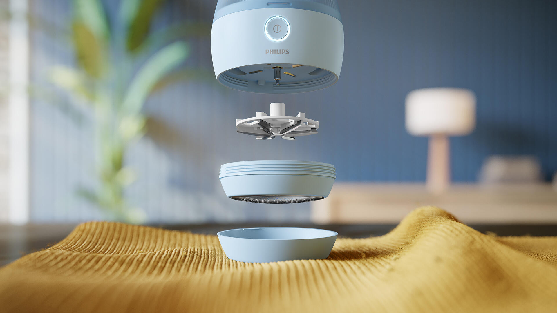 Se muestra una afeitadora eléctrica Philips desmontada, con la parte superior, las cuchillas y la inferior.