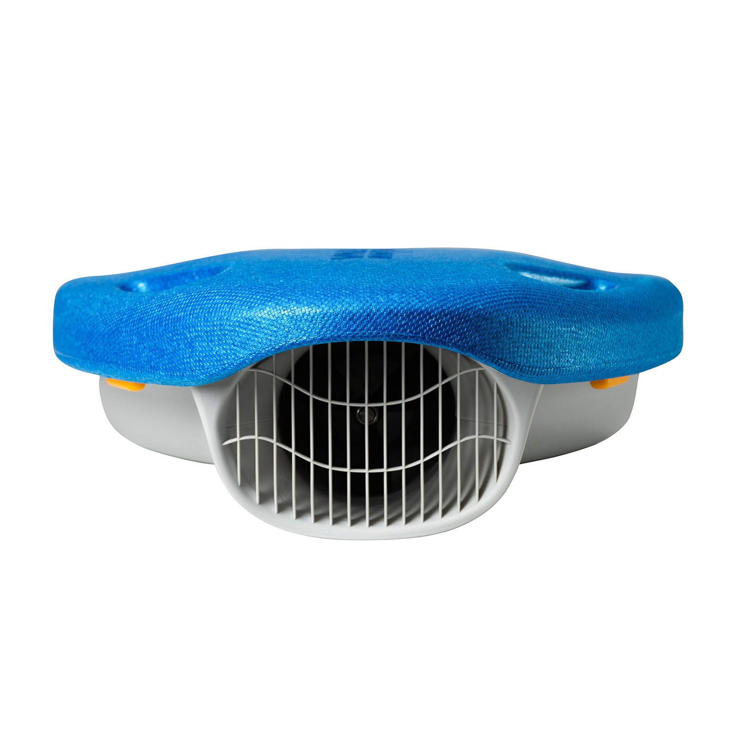 Ventilatore bianco e grigio con copertura blu, vista frontale.