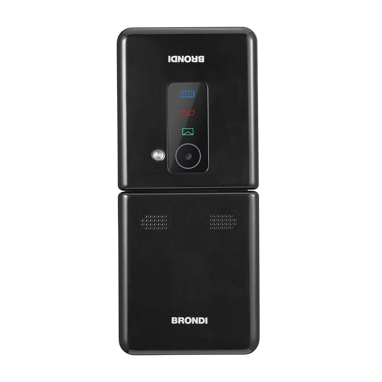 Telefono a conchiglia nero, aperto, con display che mostra icone batteria, segnale e messaggio.