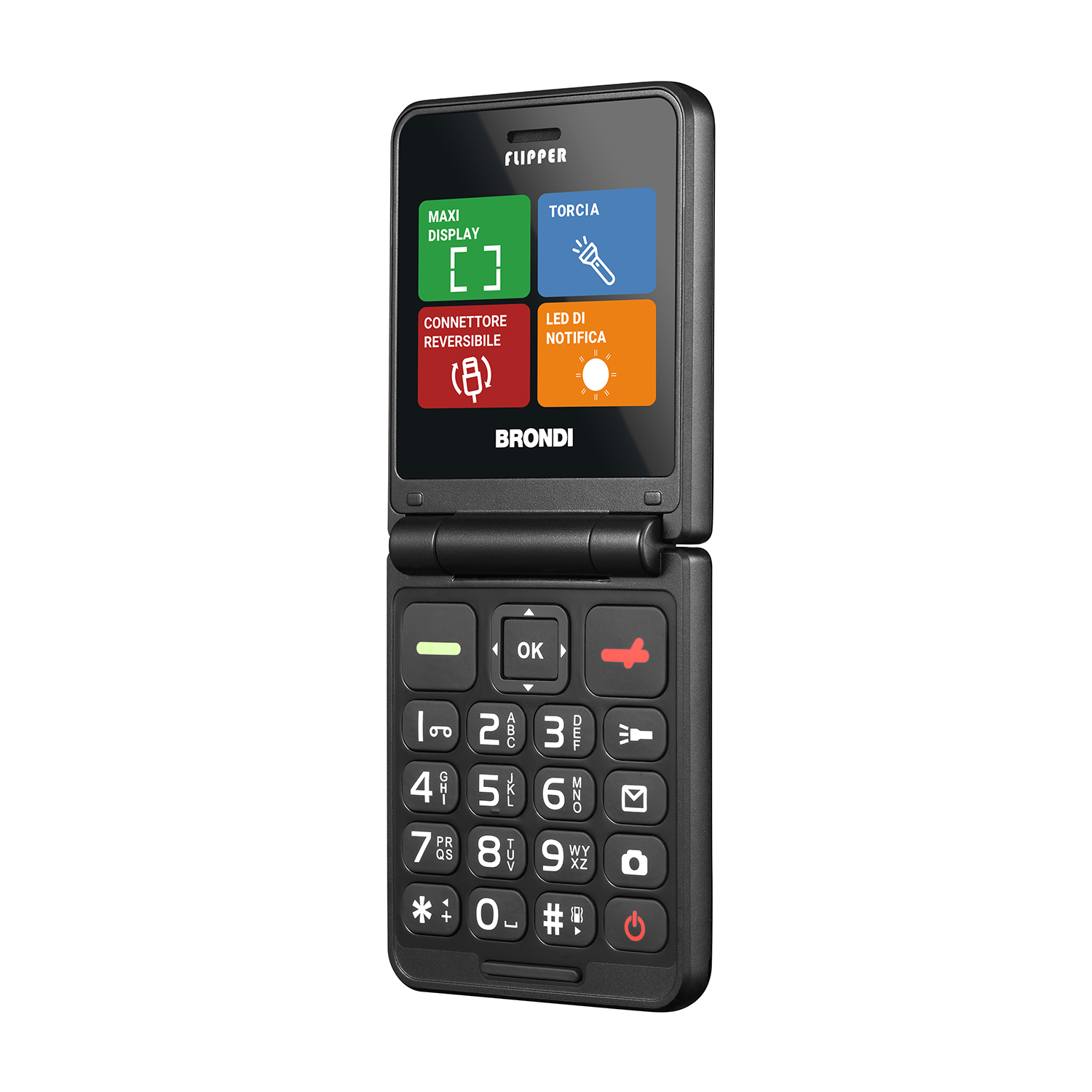 Telefono a conchiglia nero, aperto. Tasti e icone grandi. Marca 'Brondi'.