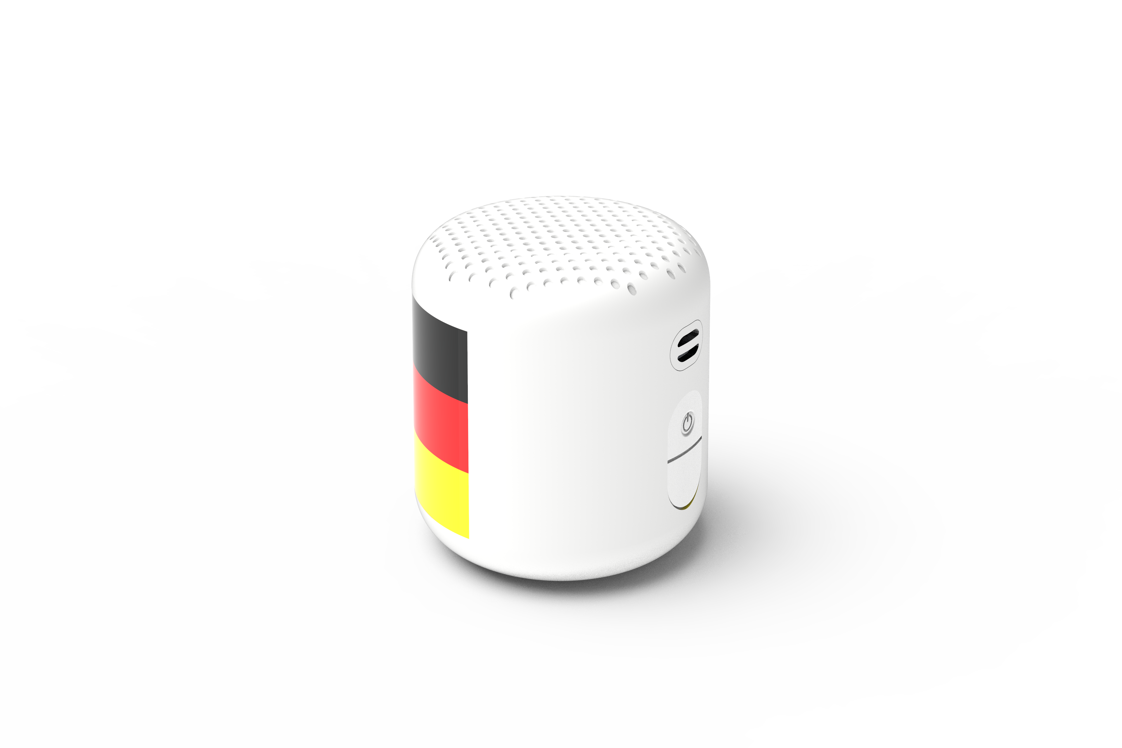 Weiß-schwarzer zylindrischer Lautsprecher mit deutscher Flagge, isoliert auf Weiß.