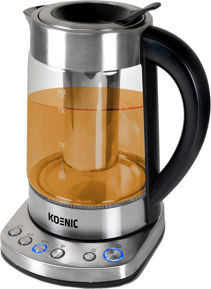 Glass tea kettle with tea inside, and touch controls on the base.