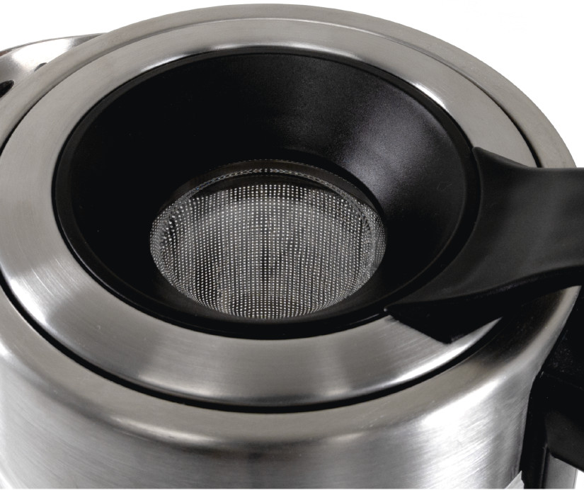 Close-up of a kettle's interior with a filter and metallic rim.