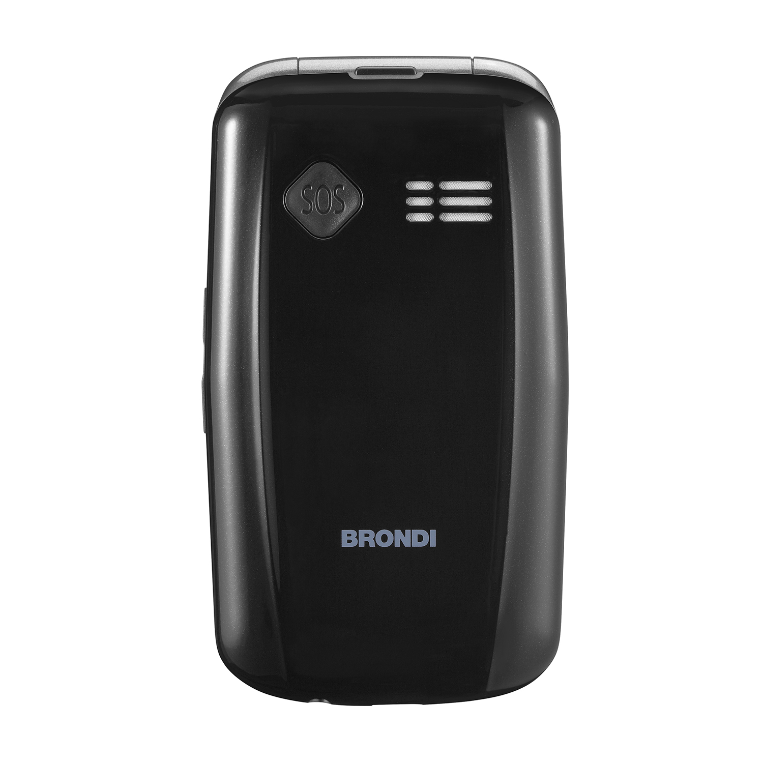Telefono Brondi nero. Ha un pulsante SOS e tre linee orizzontali. Il logo è in basso.