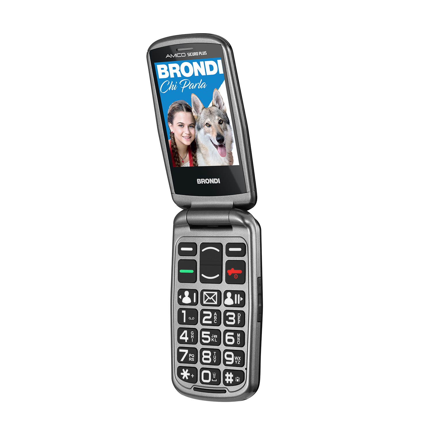 Telefono a conchiglia argentato con schermo che mostra una donna e un lupo. Pulsanti e numeri visibili.