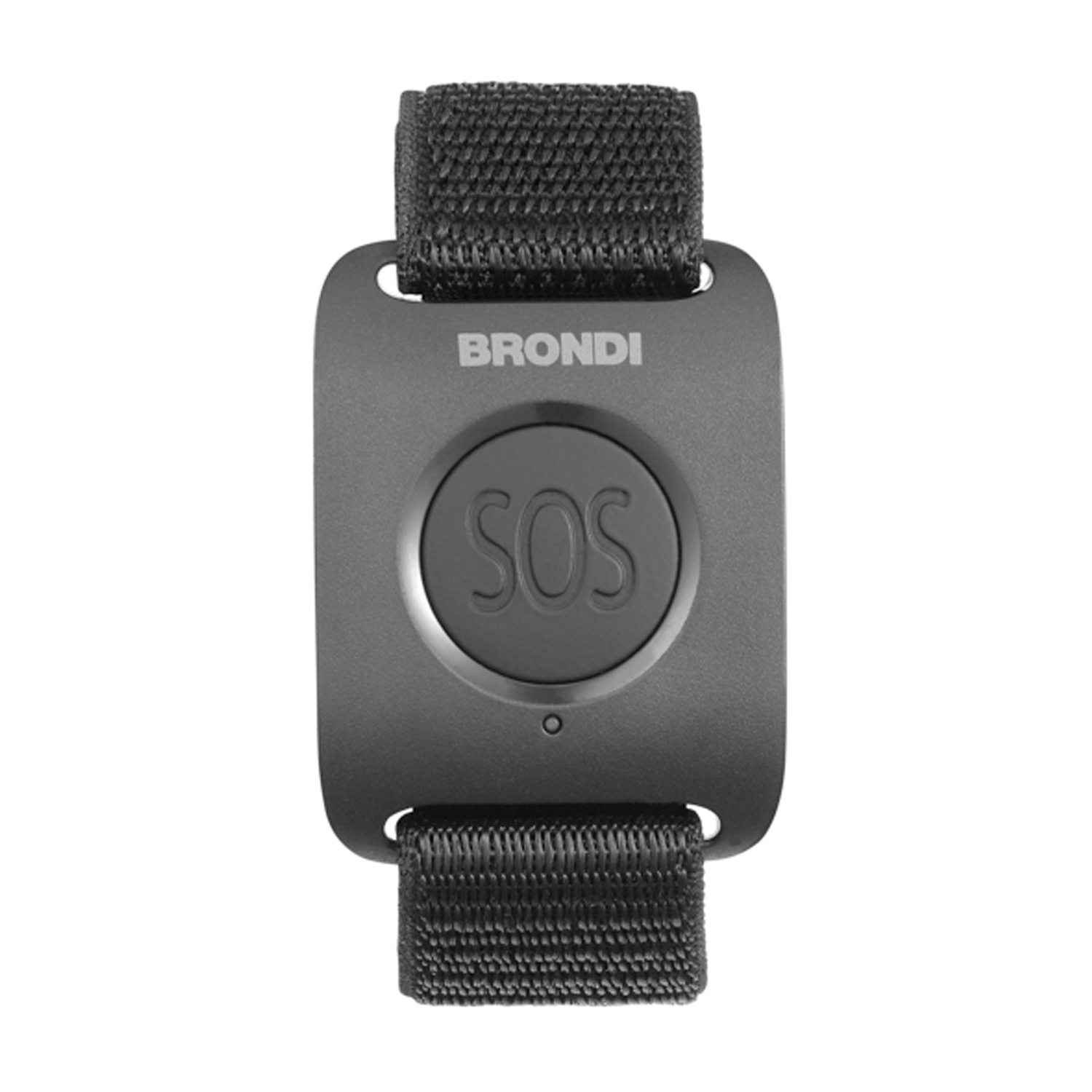 Un dispositivo SOS nero con cinturino nero, centrato su sfondo bianco.