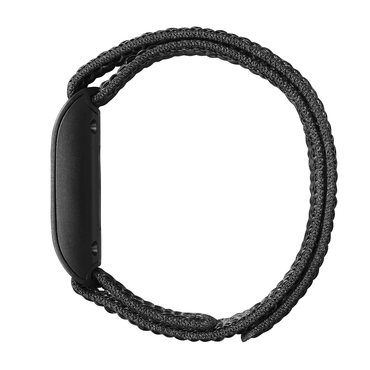 Un cinturino intrecciato nero e grigio per un fitness tracker, a forma circolare.