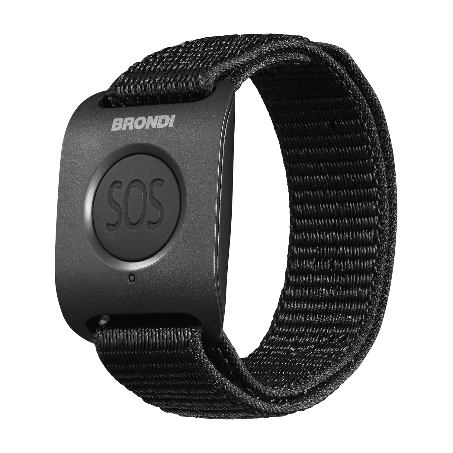 Un braccialetto nero con un modulo quadrato e un pulsante SOS. Il cinturino è in tessuto nero.