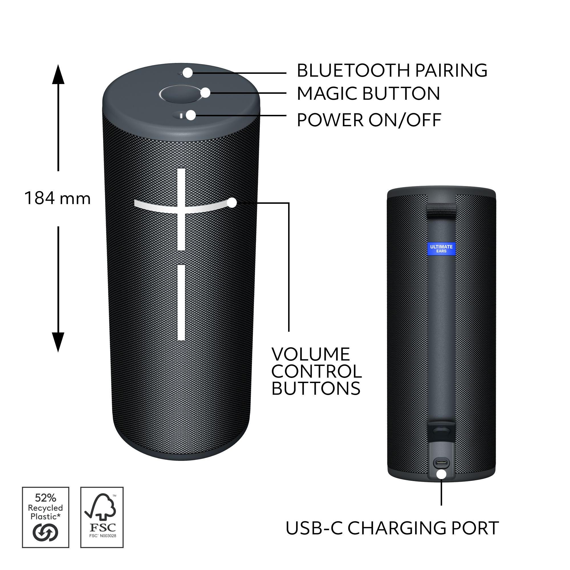 Un haut-parleur cylindrique noir avec un signe plus blanc, marqué de texte et de flèches, et un port de charge.