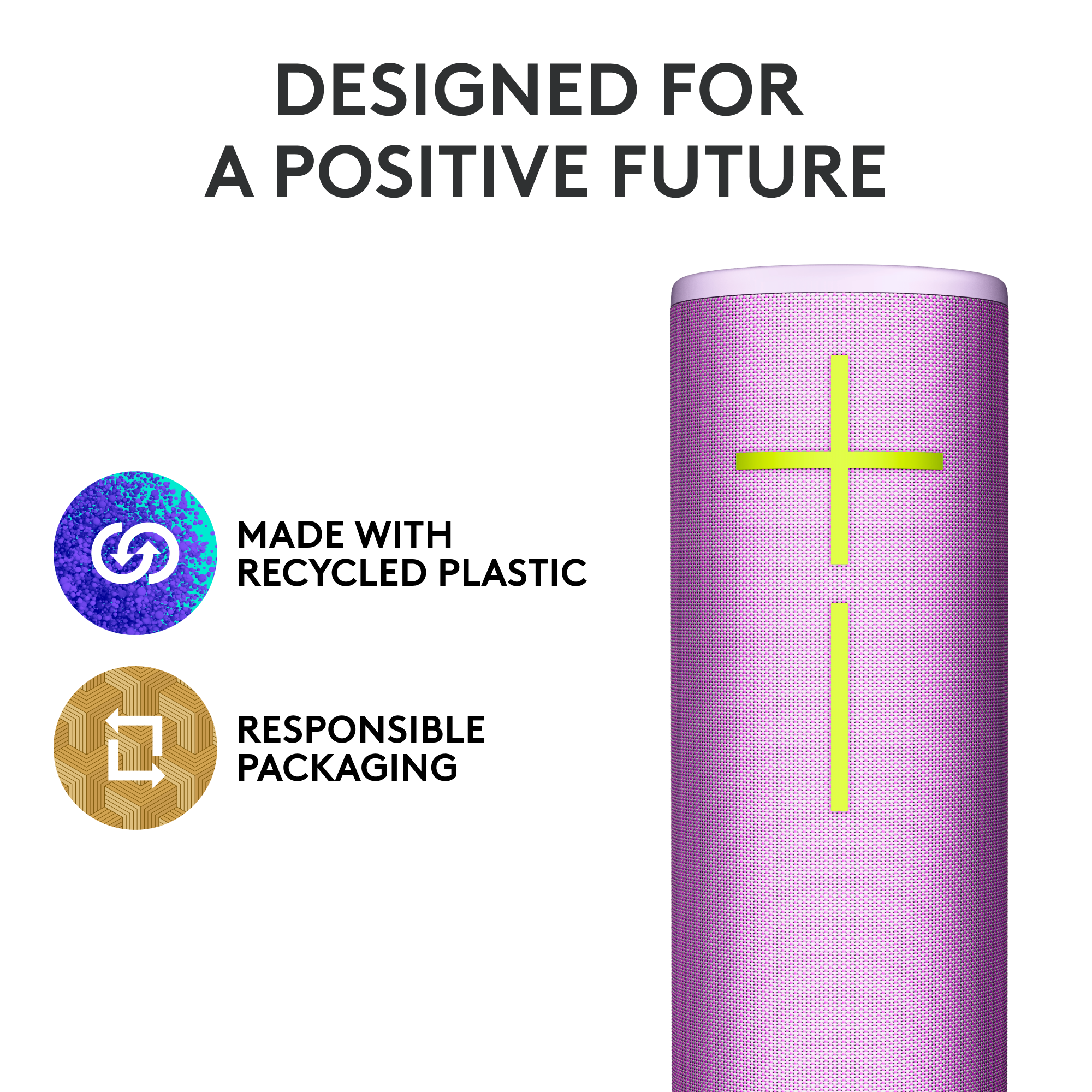Ein rosa Lautsprecher mit neongelbem Kreuzdesign, hergestellt aus recyceltem Kunststoff und verantwortungsvoller Verpackung.