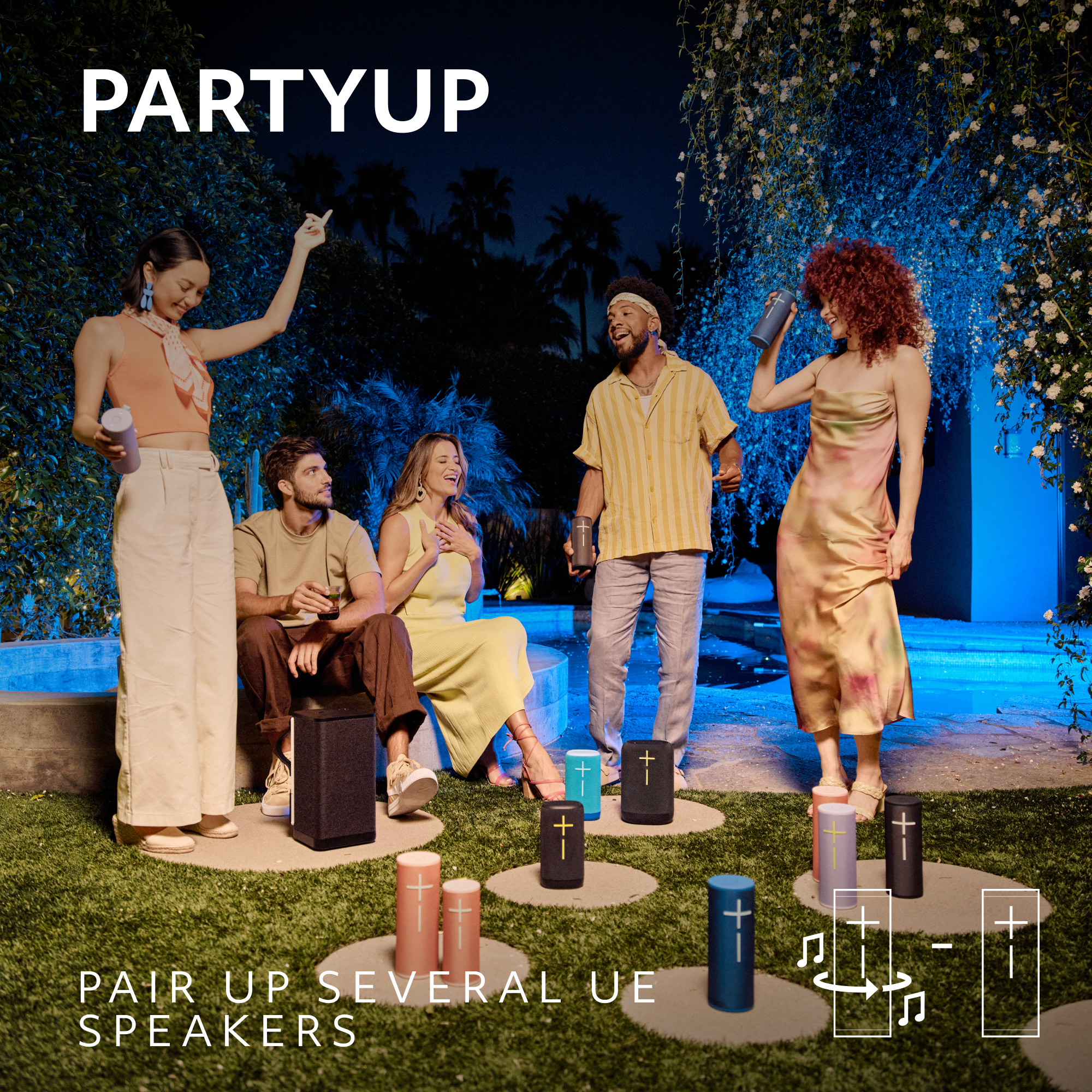 Eine Gruppe von Leuten im Garten mit Lautsprechern. Die Worte 'PARTYUP' und 'PAIR UP SPEAKERS'.