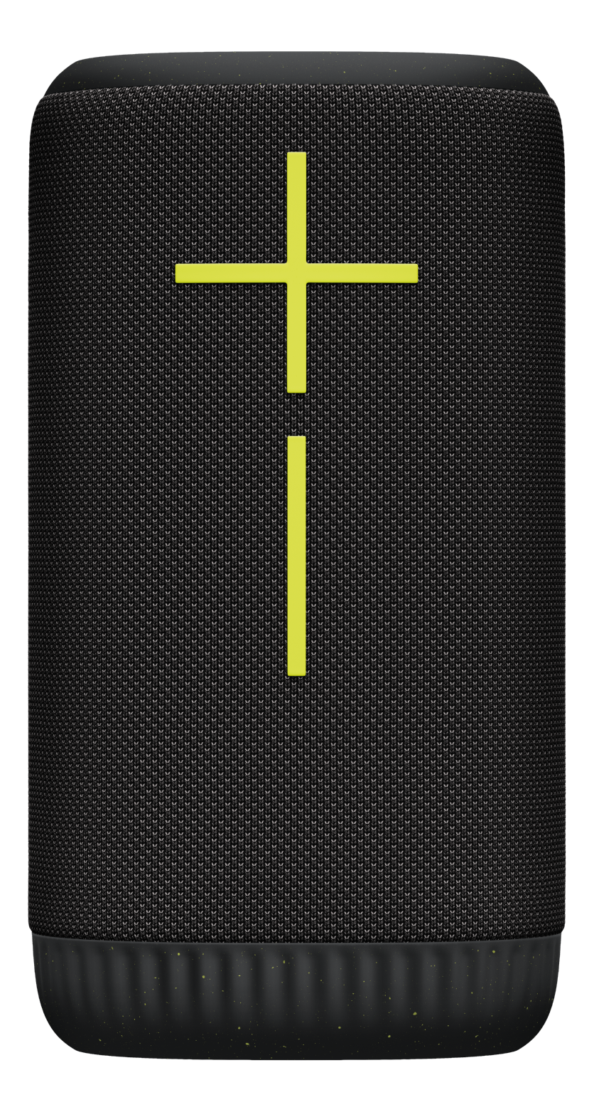 Schwarzer Lautsprecher mit gelbem Kreuz- und Linienmuster. Zylindrische Form.
