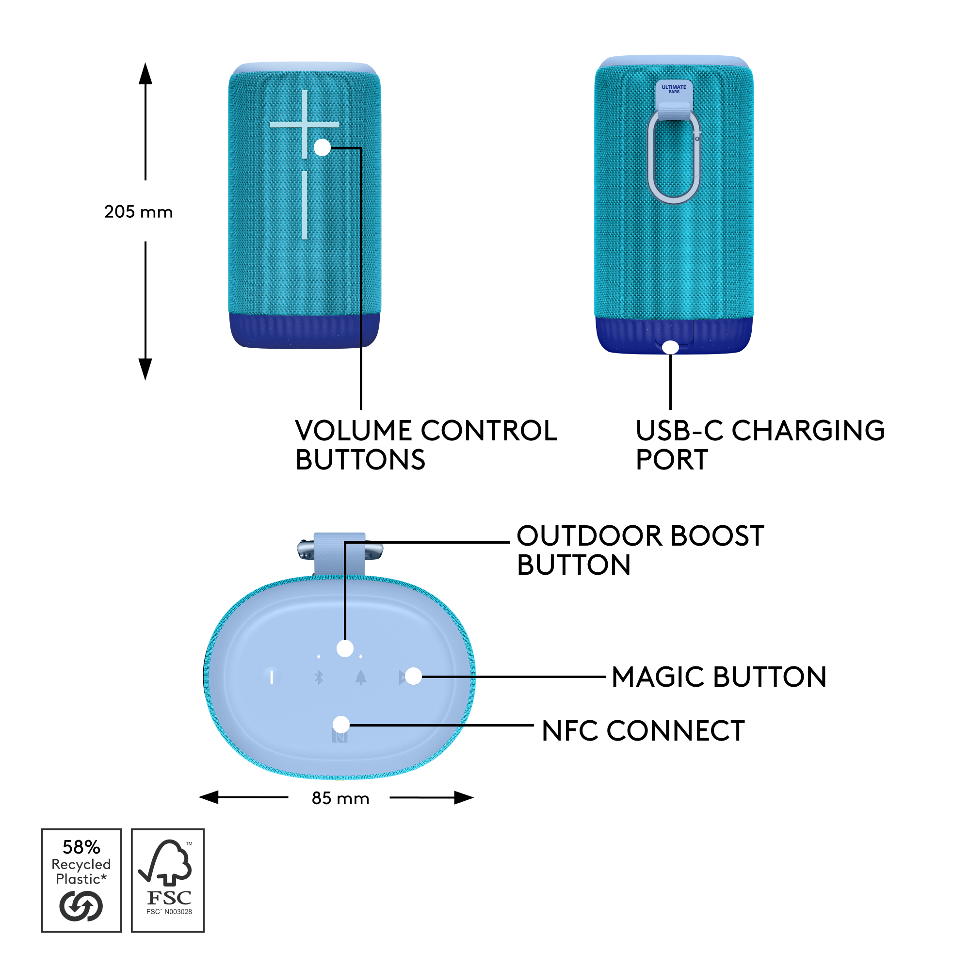 Deux enceintes bleues avec socle bleu sont dressées. Des graphiques étiquettent les fonctionnalités.