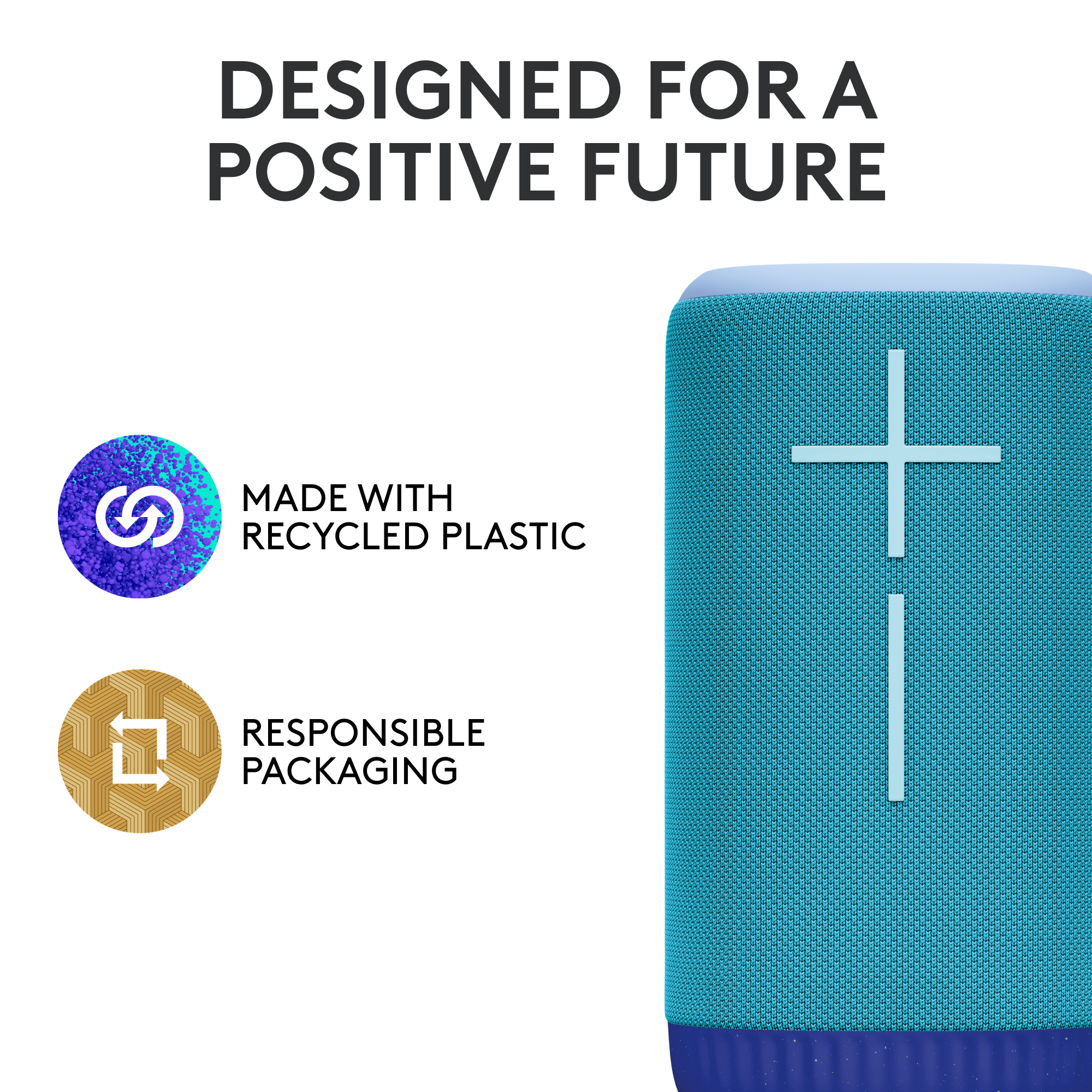 Un haut-parleur bleu et sarcelle avec un motif de croix blanche. Texte : 'DESIGNED FOR A POSITIVE FUTURE'.