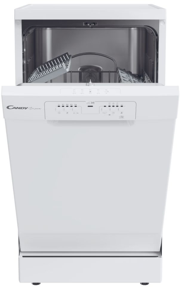 Lave-vaisselle Candy Brava blanc avec la porte ouverte, montrant les paniers intérieurs et les commandes.
