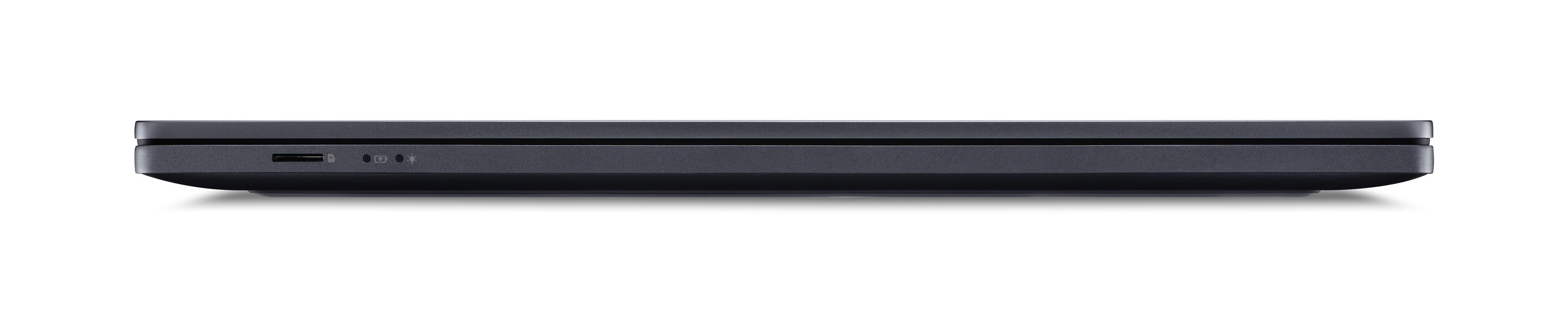 Seitenansicht eines geschlossenen, dunkelgrauen Laptops, die das Profil und einige Anschlüsse an der Seite zeigt.