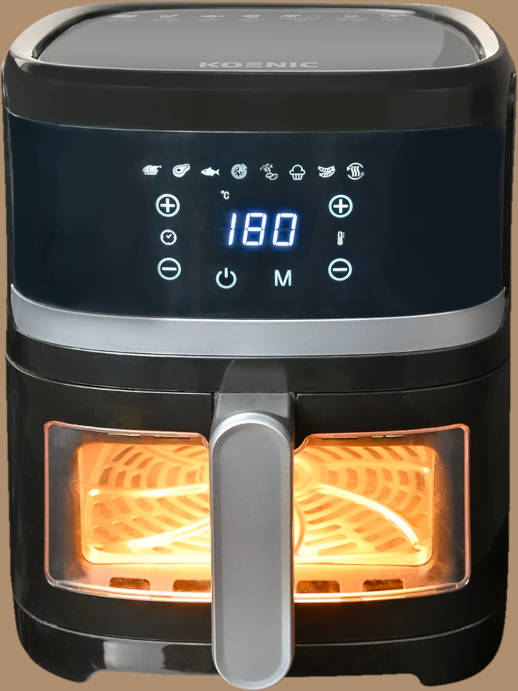 Friteuse à air Koenic noire avec affichage numérique 180 degrés, cuisson à l'intérieur.