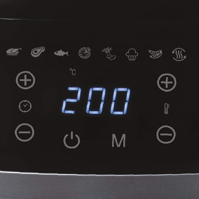 Un panneau de commande noir d'une friteuse à air. Il y a un affichage numérique montrant '200' et des icônes.