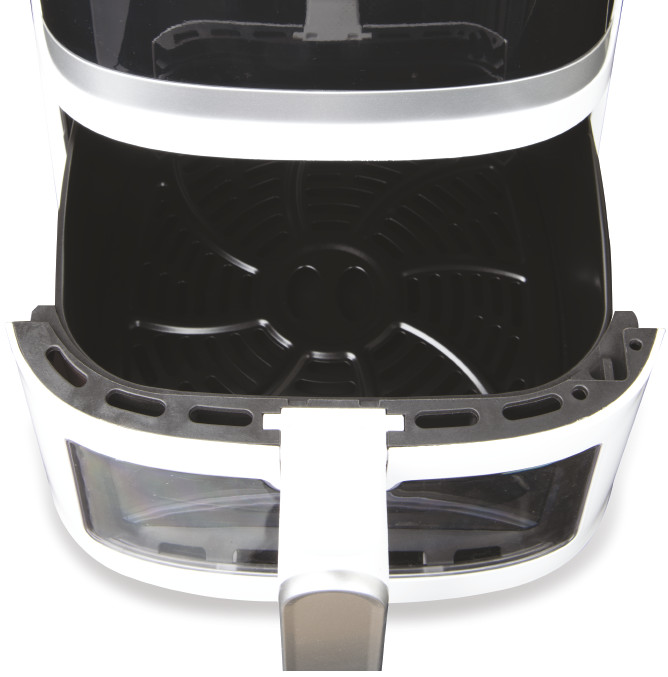 Air fryer, white and black, with the basket pulled out, on white.