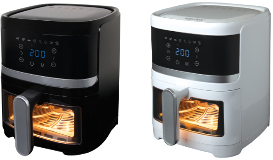 Black and white air fryers with digital displays and handles.