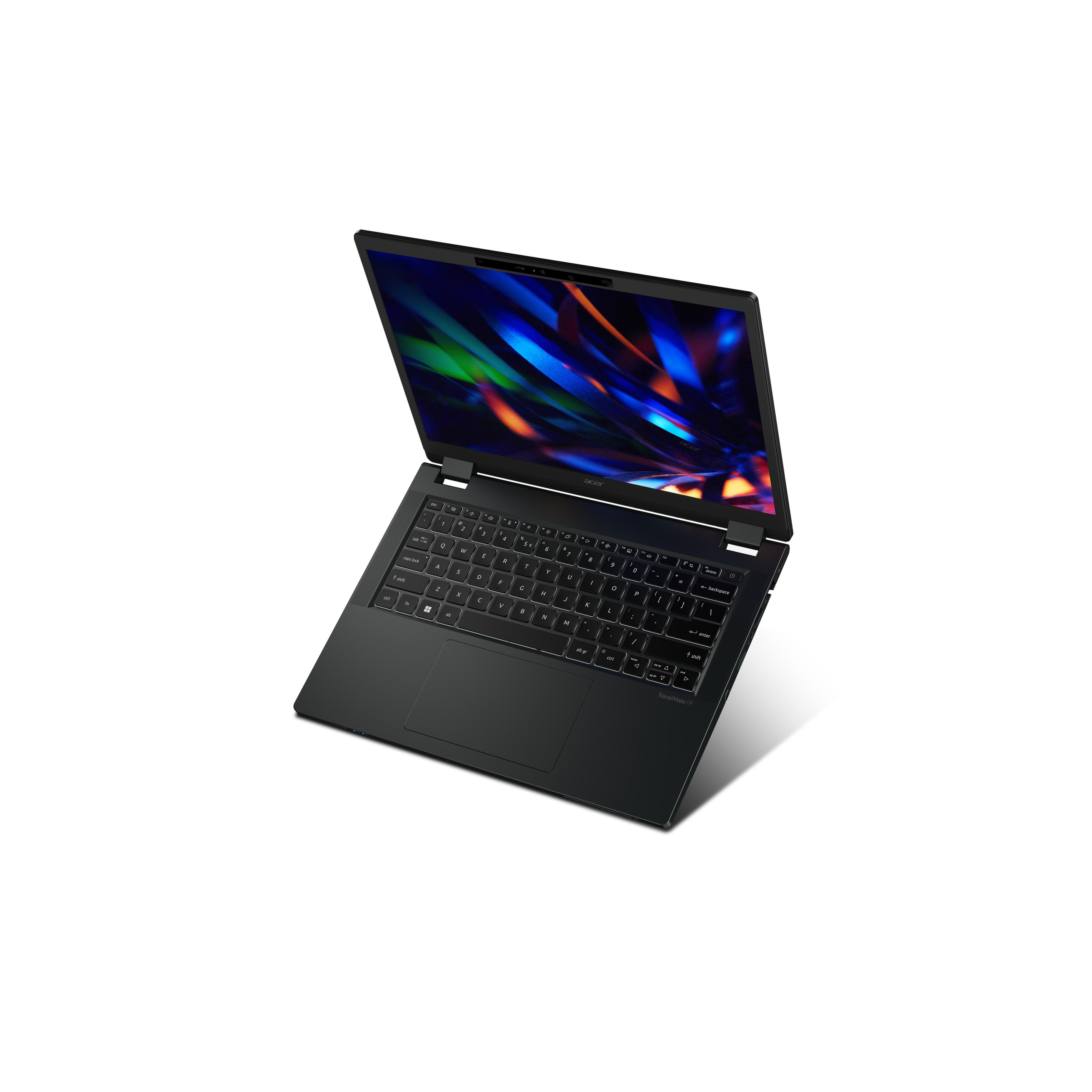 Schwarzer Laptop, offen, angewinkelte Ansicht. Display zeigt abstraktes blaues und oranges Muster.