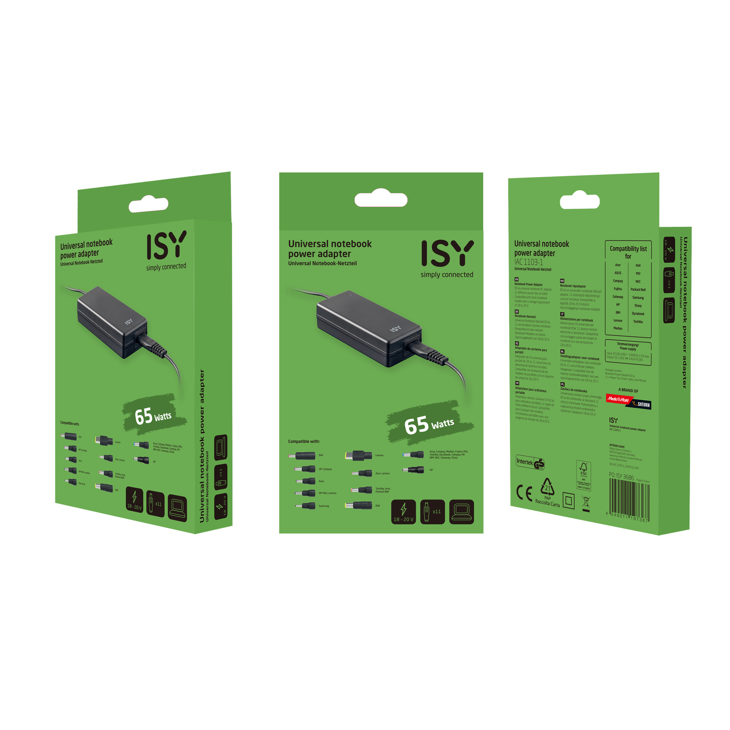 Drie weergaven van een groene en zwarte ISY notebook voedingsadapterdoos, met adapter en specificaties.