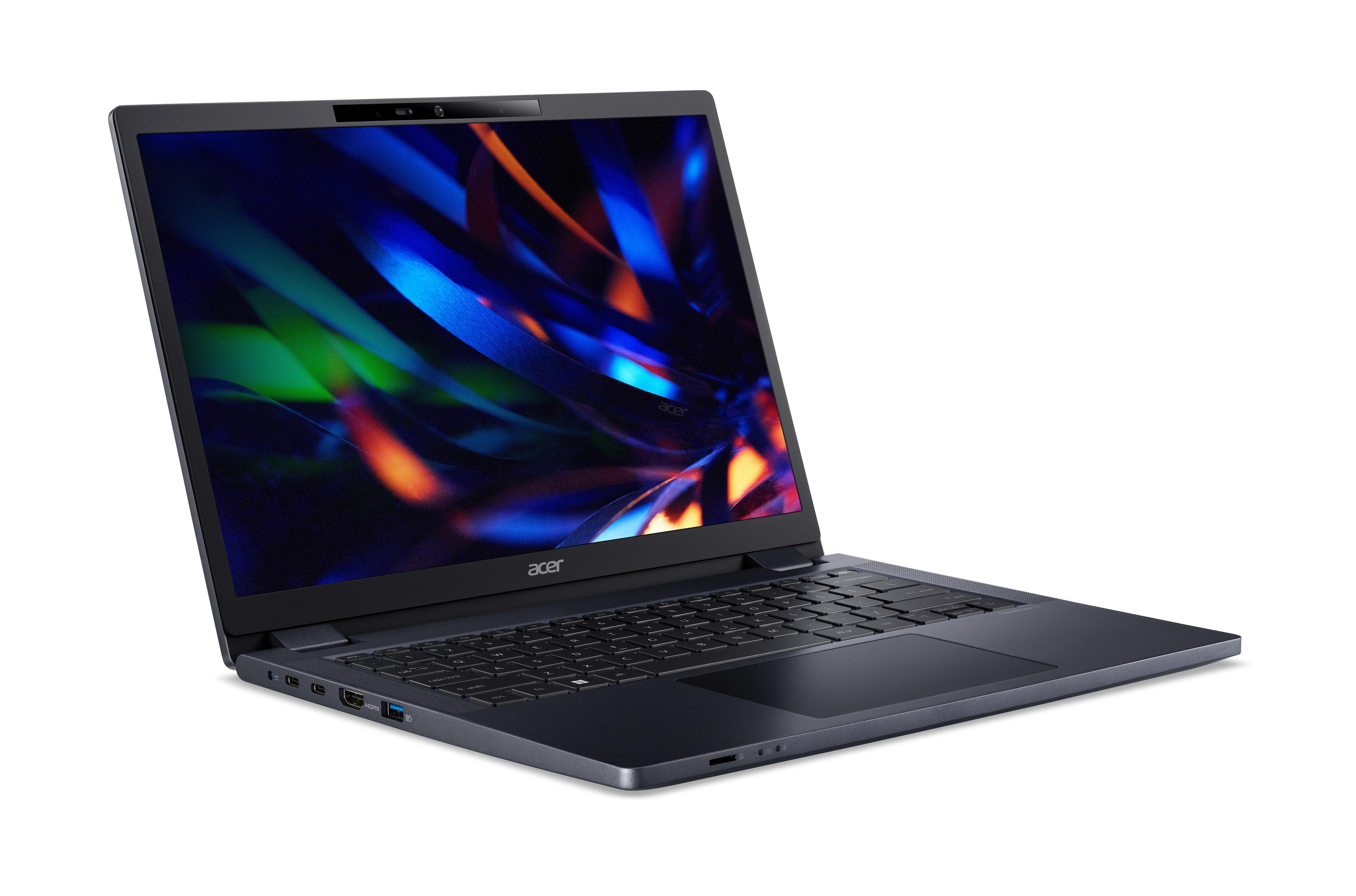Ein dunkelgrauer Acer-Laptop, geöffnet, mit farbenfrohem Bildschirm, isoliert auf weißem Hintergrund.