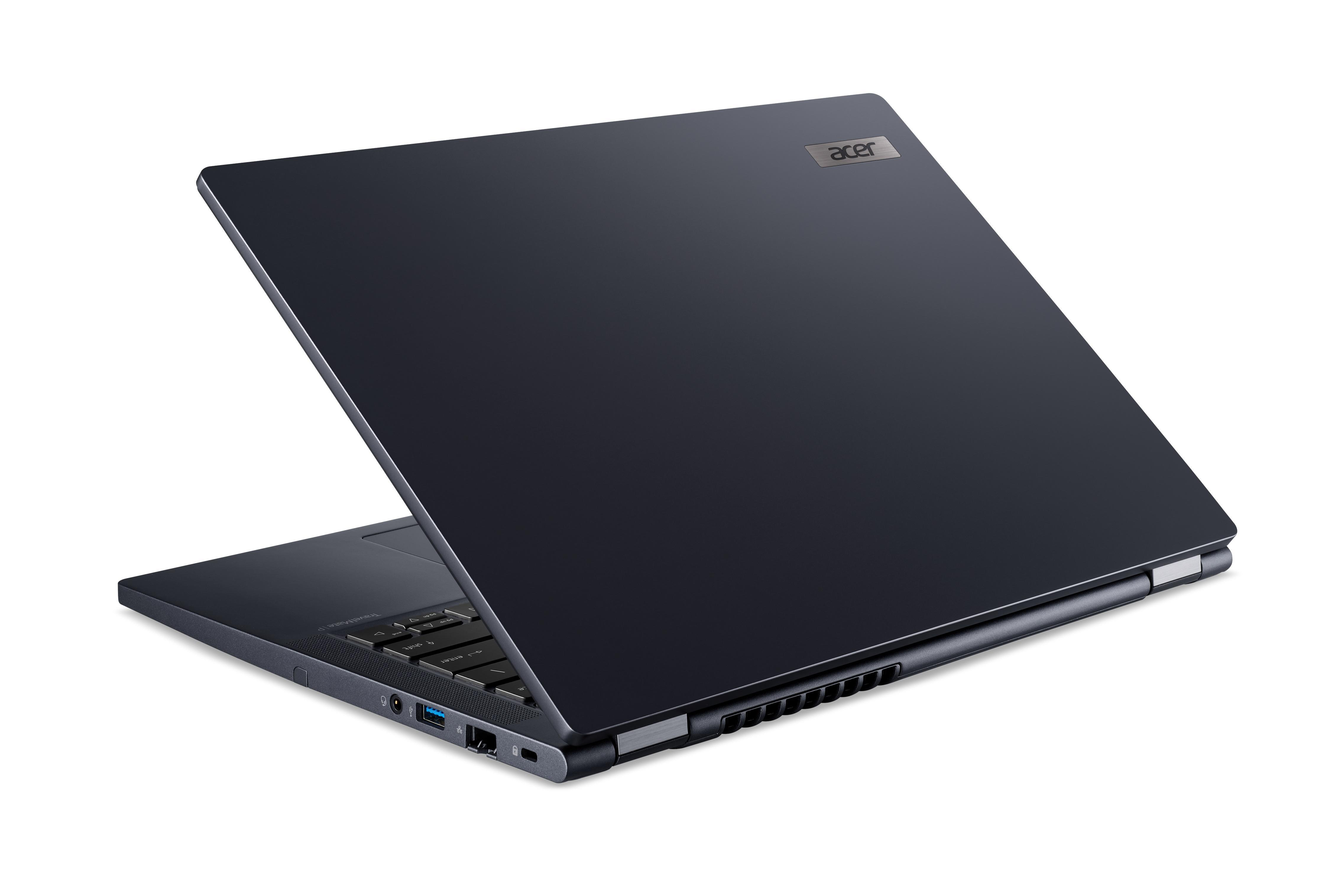 Ein dunkelblauer Laptop, geöffnet, vor weißem Hintergrund. Das Acer-Logo ist sichtbar.