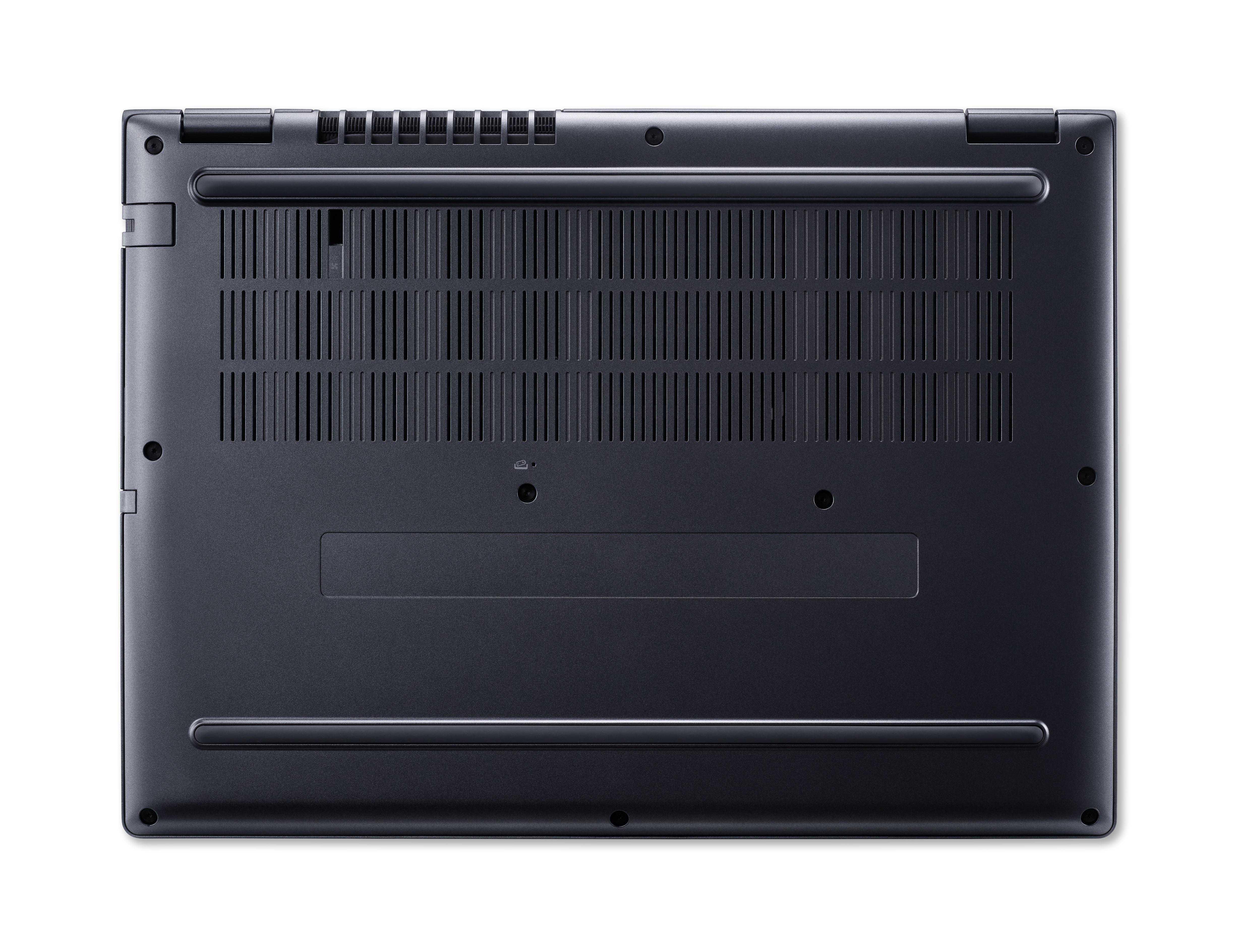 Die Unterseite eines dunkelgrauen Laptops mit sichtbaren Lüftungsgittern und Anschlüssen.