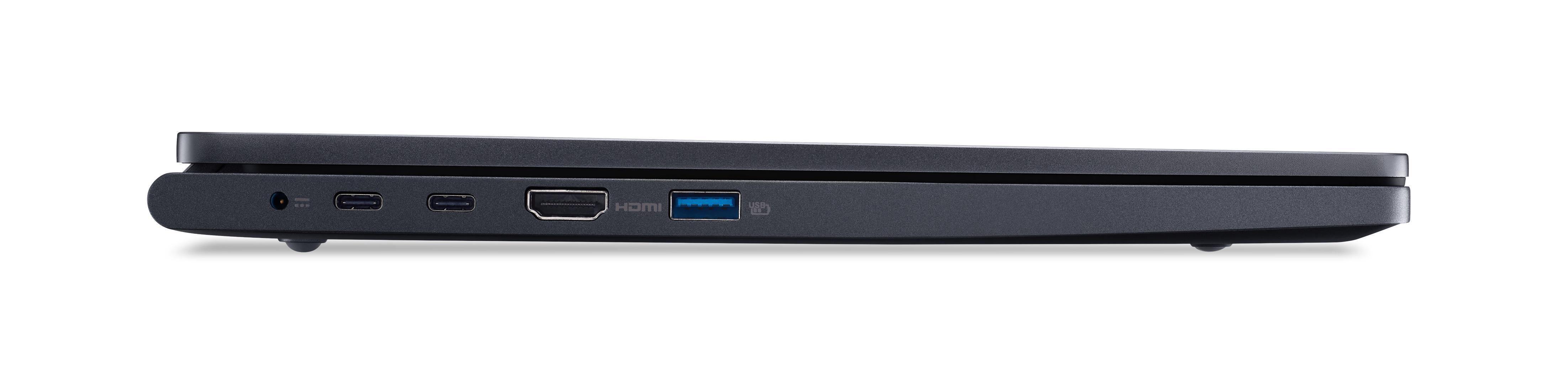 Seite eines dunklen Laptops mit Anschlüssen: Audio, USB-C, HDMI, USB und weißem Hintergrund.
