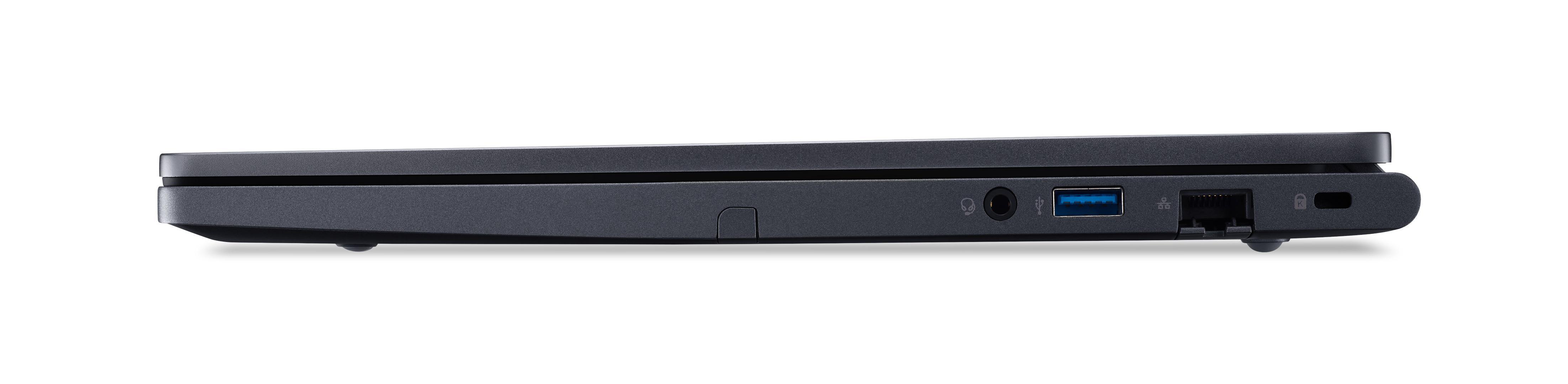 Seitenansicht eines dunklen Laptops. Anschlüsse sind am Rand sichtbar, einschließlich USB und HDMI.