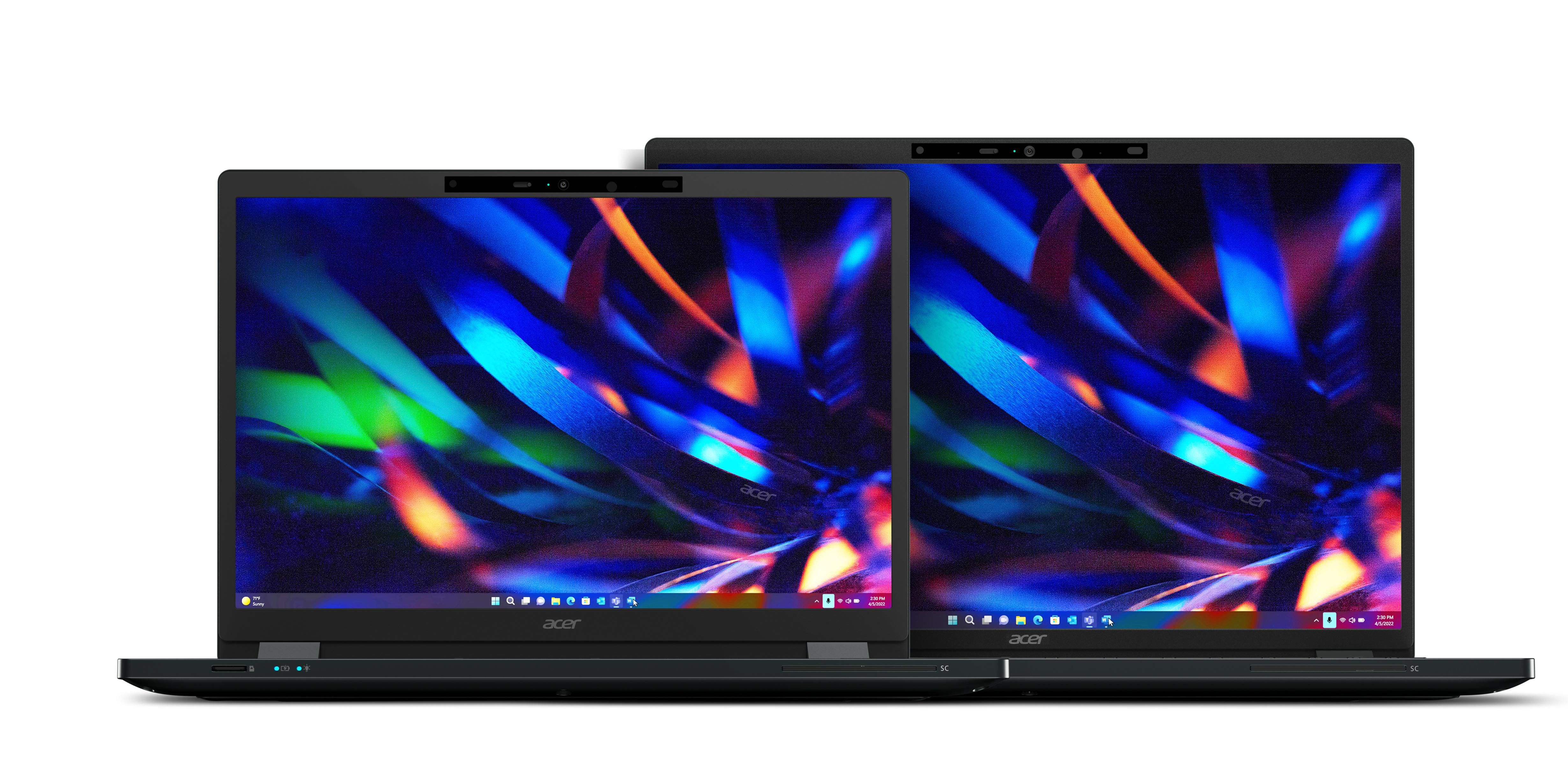 Zwei schwarze Laptops nebeneinander, Bildschirme zeigen blaue und violette Anzeigen.