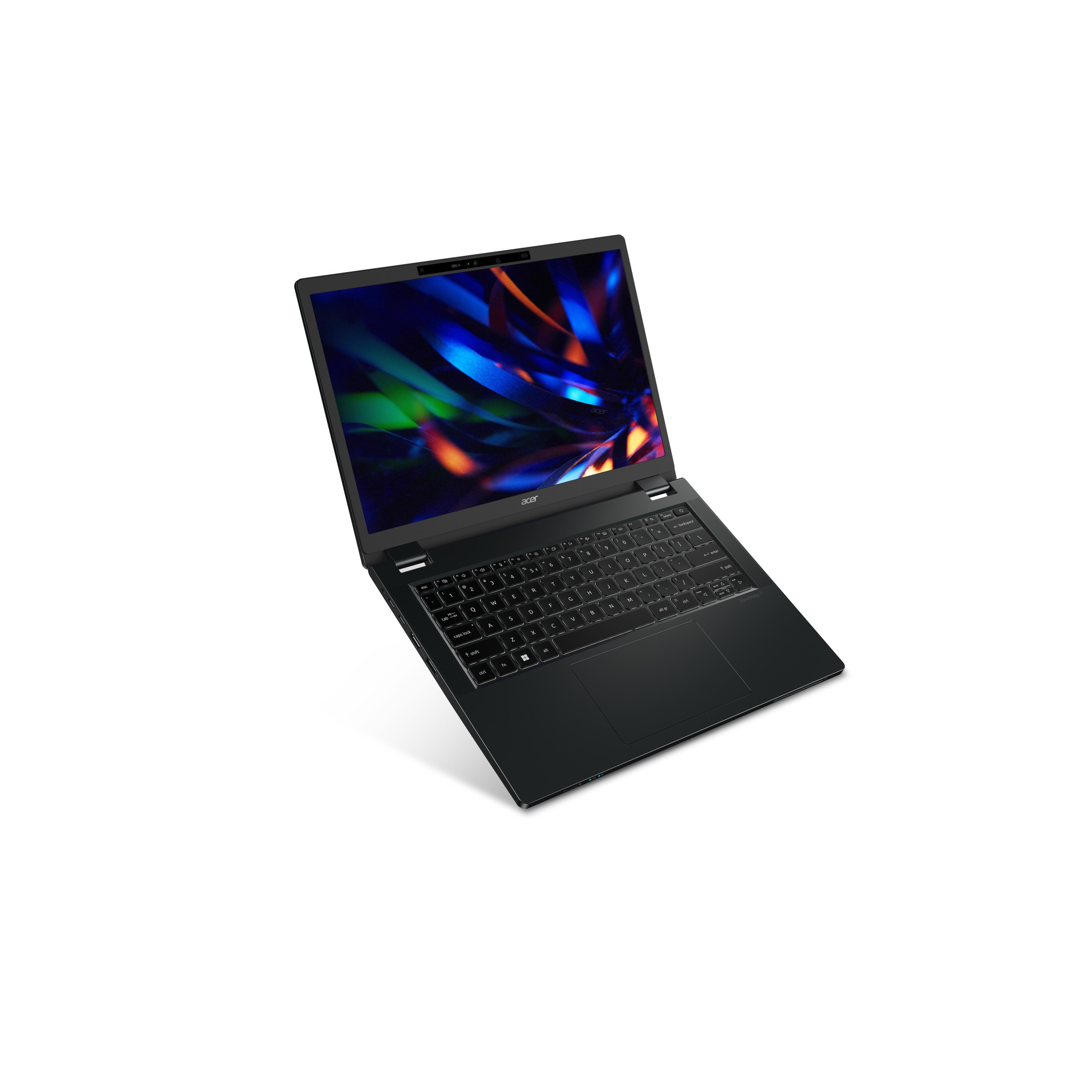 Schwarzer Laptop mit Bildschirm, der farbenfrohes abstraktes Design zeigt.